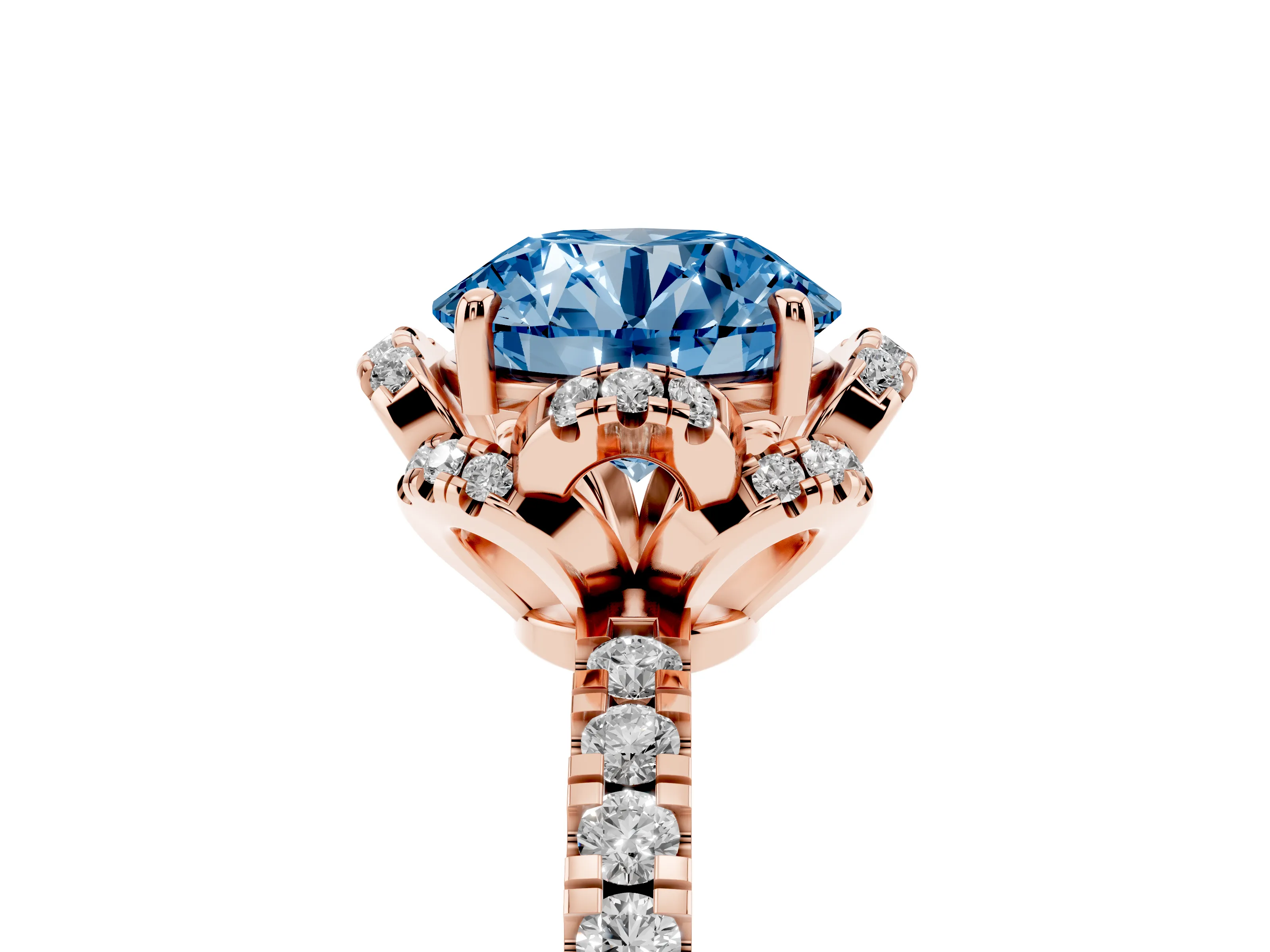 Fancy Blue Round Cut Diamond Halo Pavé Band Ring Set in Rose gold with Prong-Held Center