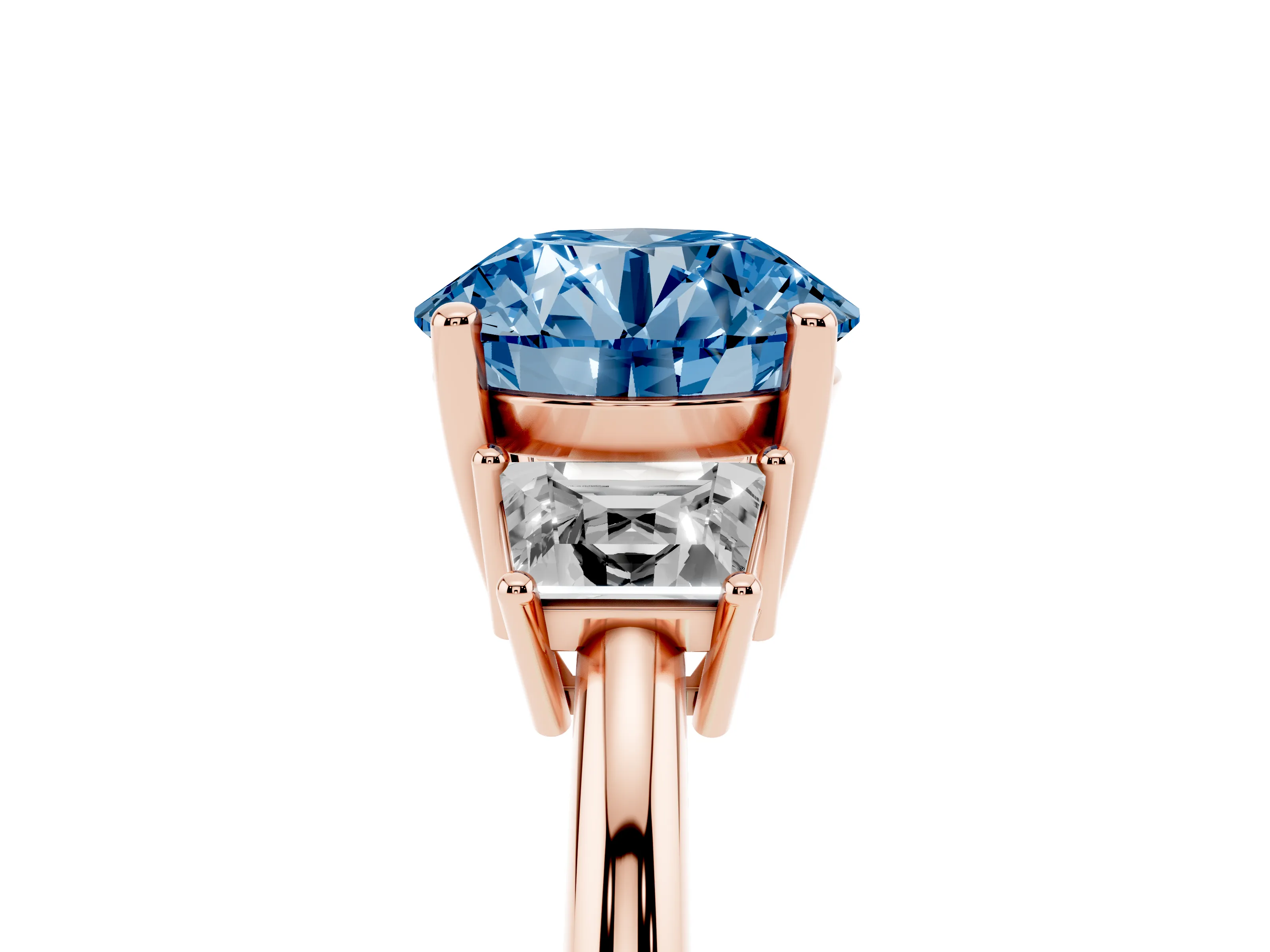 Fancy Blue Round Cut Diamond Three-Stone Ring Set in Rose gold with Trapezoid Side Stones and Prong Setting