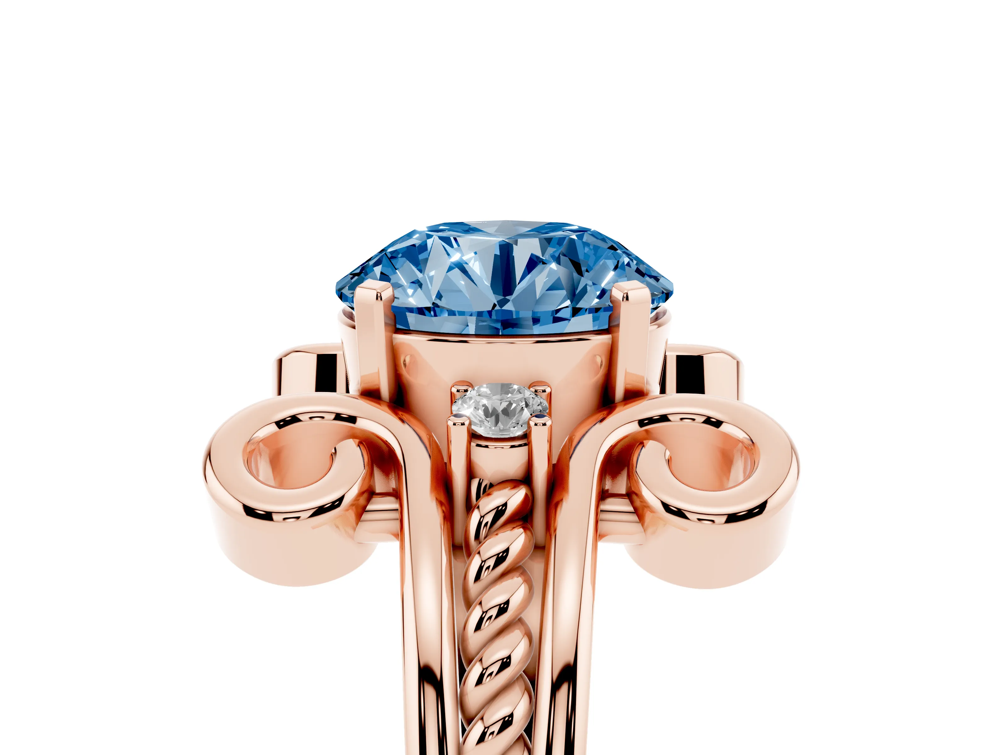 Fancy Blue Round Cut Diamond Twisted Band Solitaire Ring Set in Rose gold with Scroll Prongs