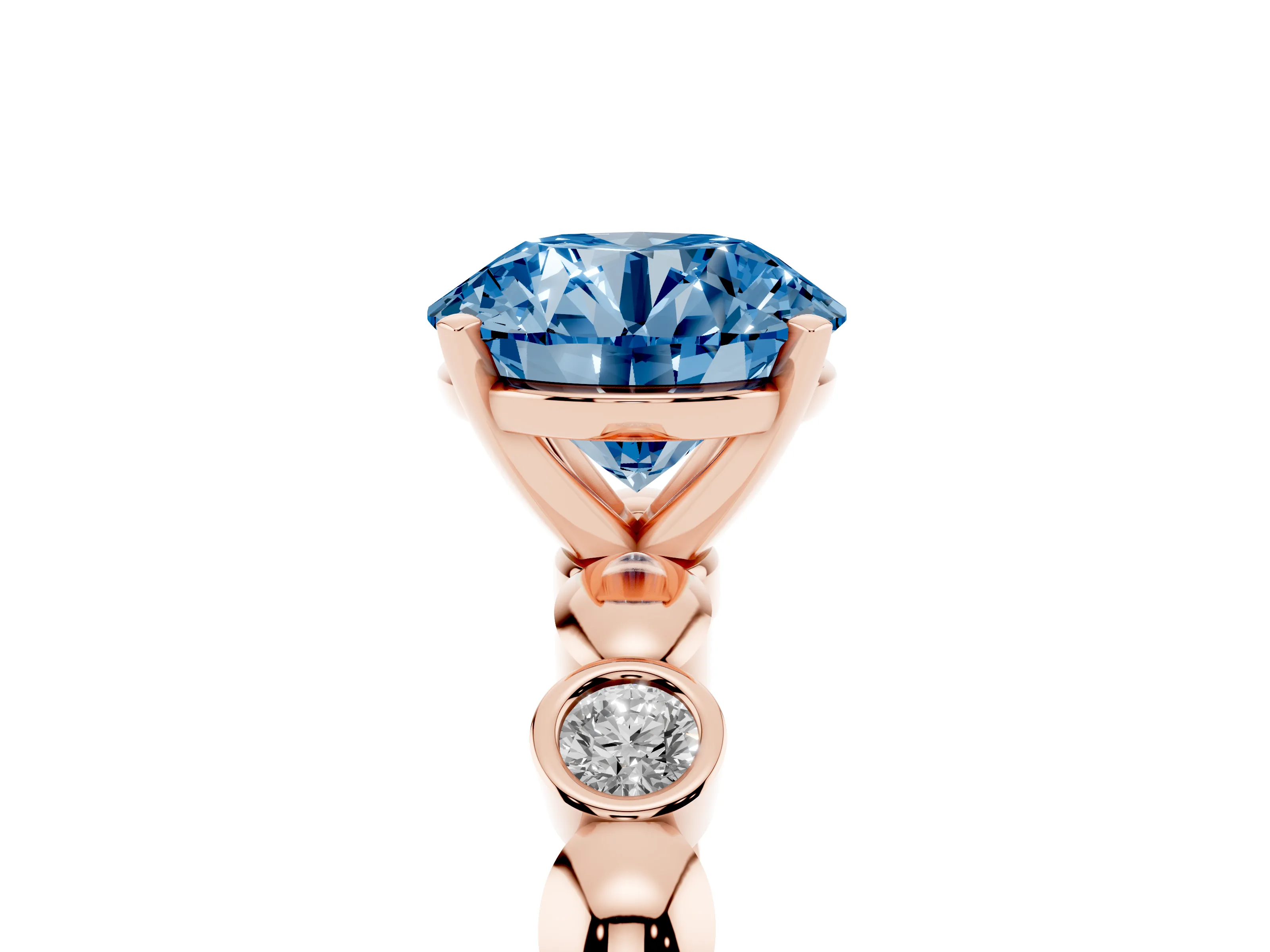 Fancy Blue Round Cut Diamond Solitaire Ring Set in Rose gold with Bezel-Set Accents on Beaded Band and Prong Setting