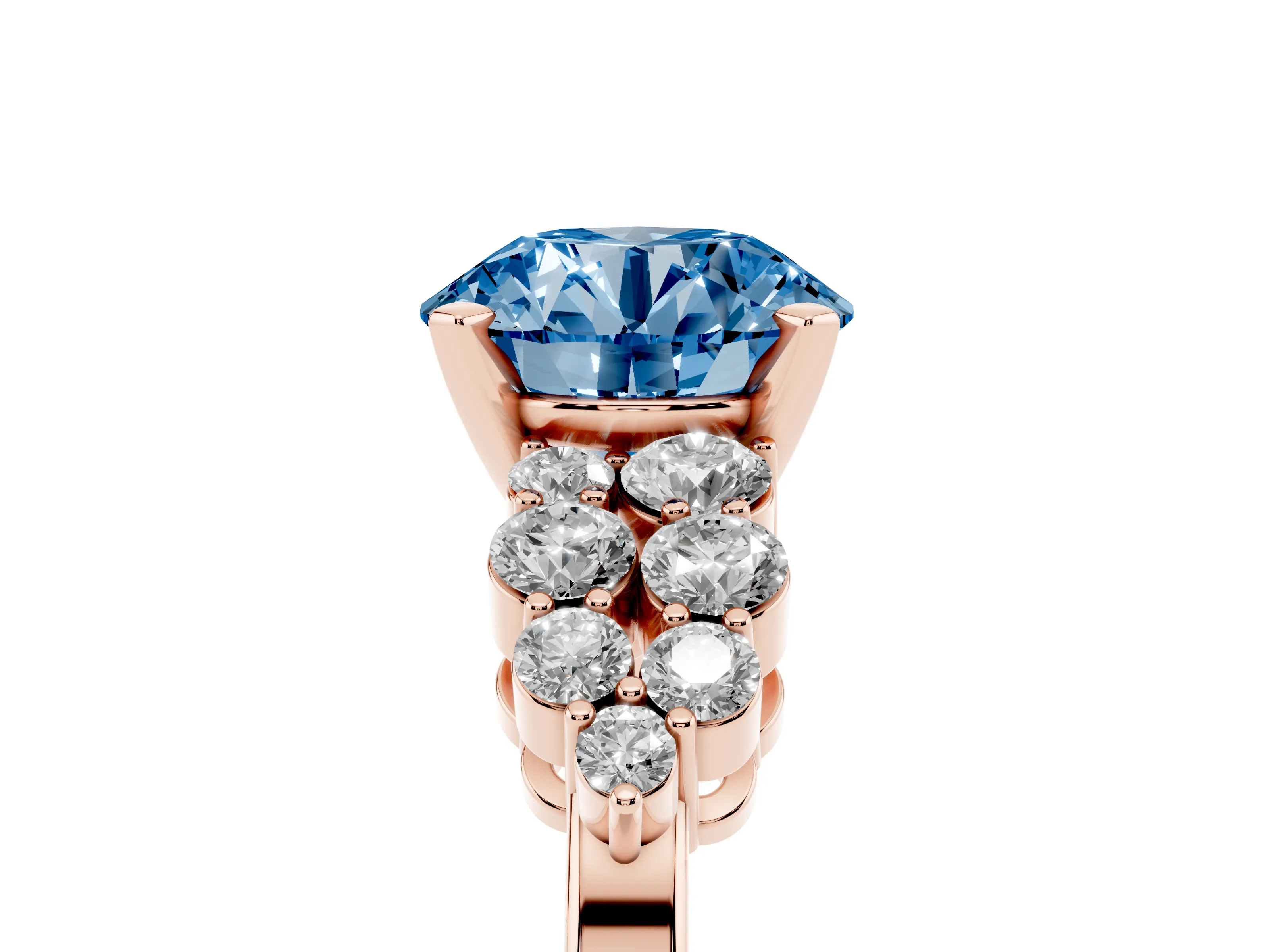 Fancy Blue Round Cut Diamond Cluster Engagement Ring Set in Rose gold with Pavé Band and Prong Setting