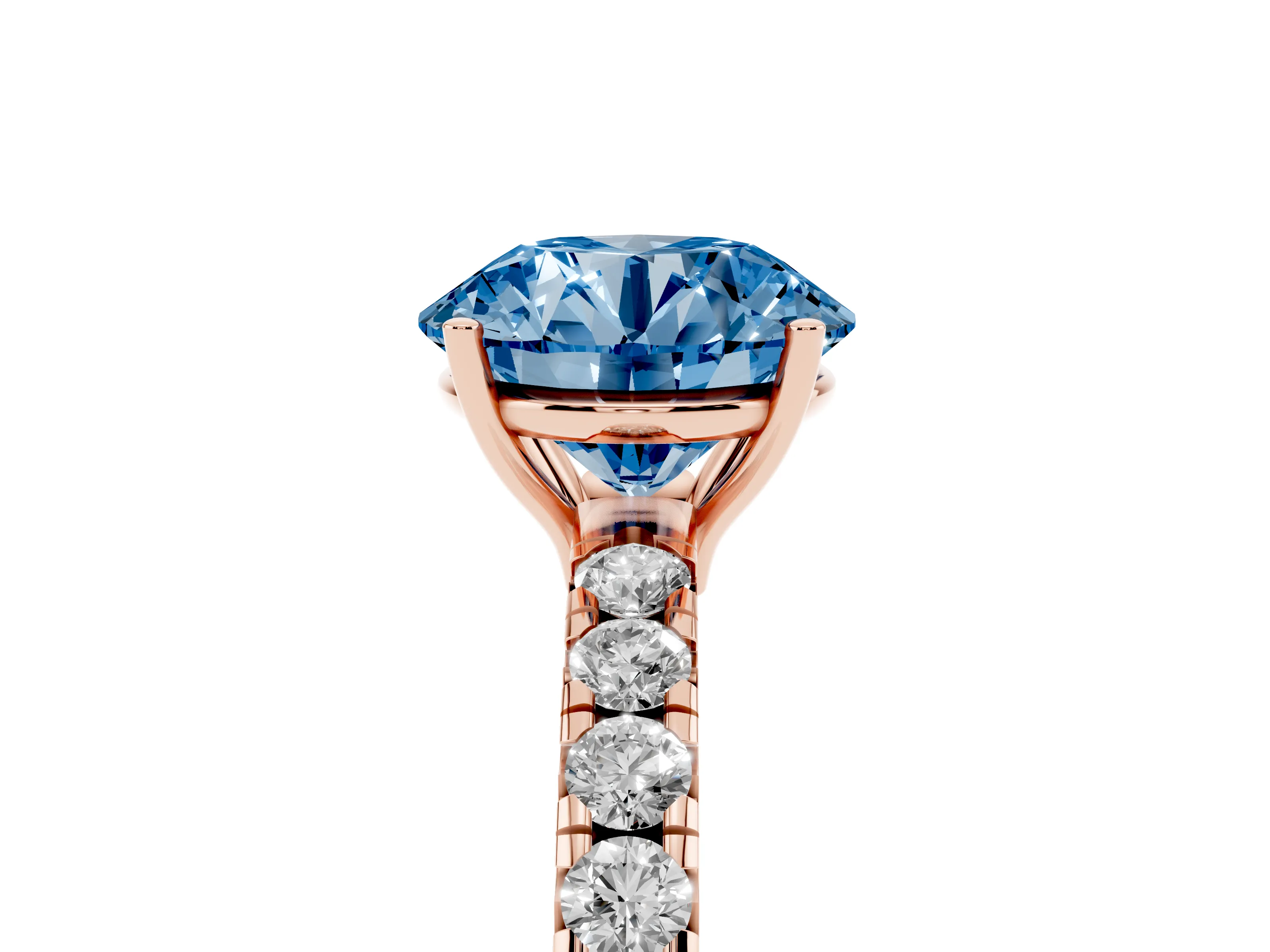 Fancy Blue Round Cut Diamond Pavé Solitaire Engagement Ring Set in Rose gold with Prong Setting