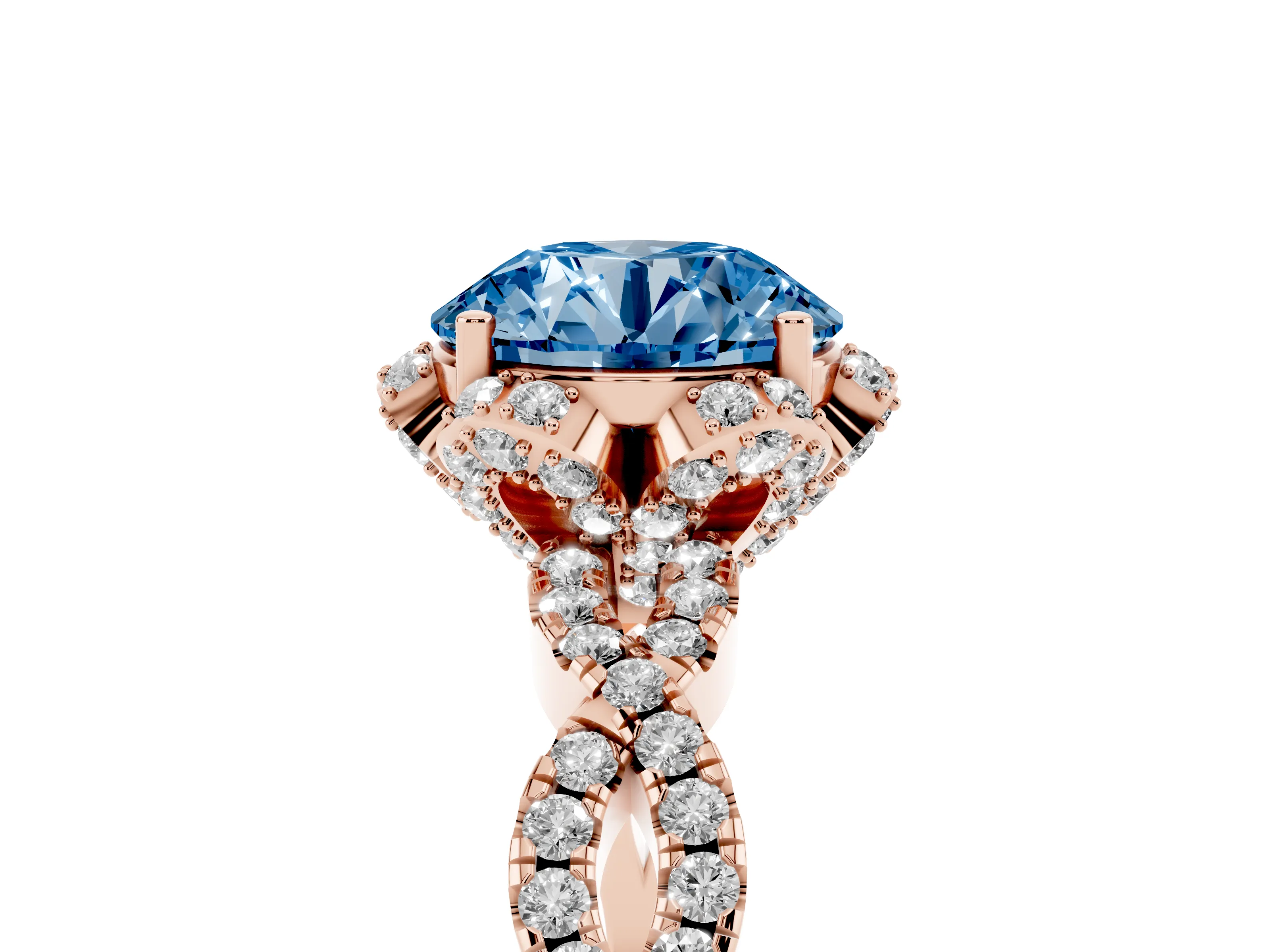 Fancy Blue Round Cut Diamond Halo Twist Band Solitaire Ring Set in Rose gold with Prong-Set Center Stone