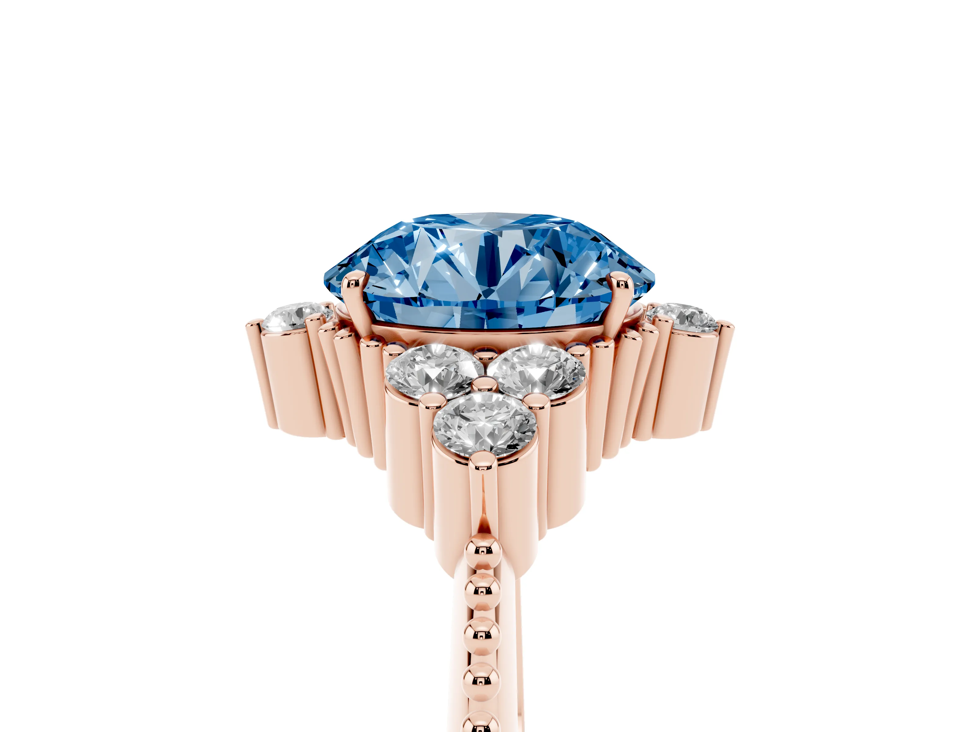 Fancy Blue Round Cut Diamond Cluster Ring Set in Rose gold with Beaded Band