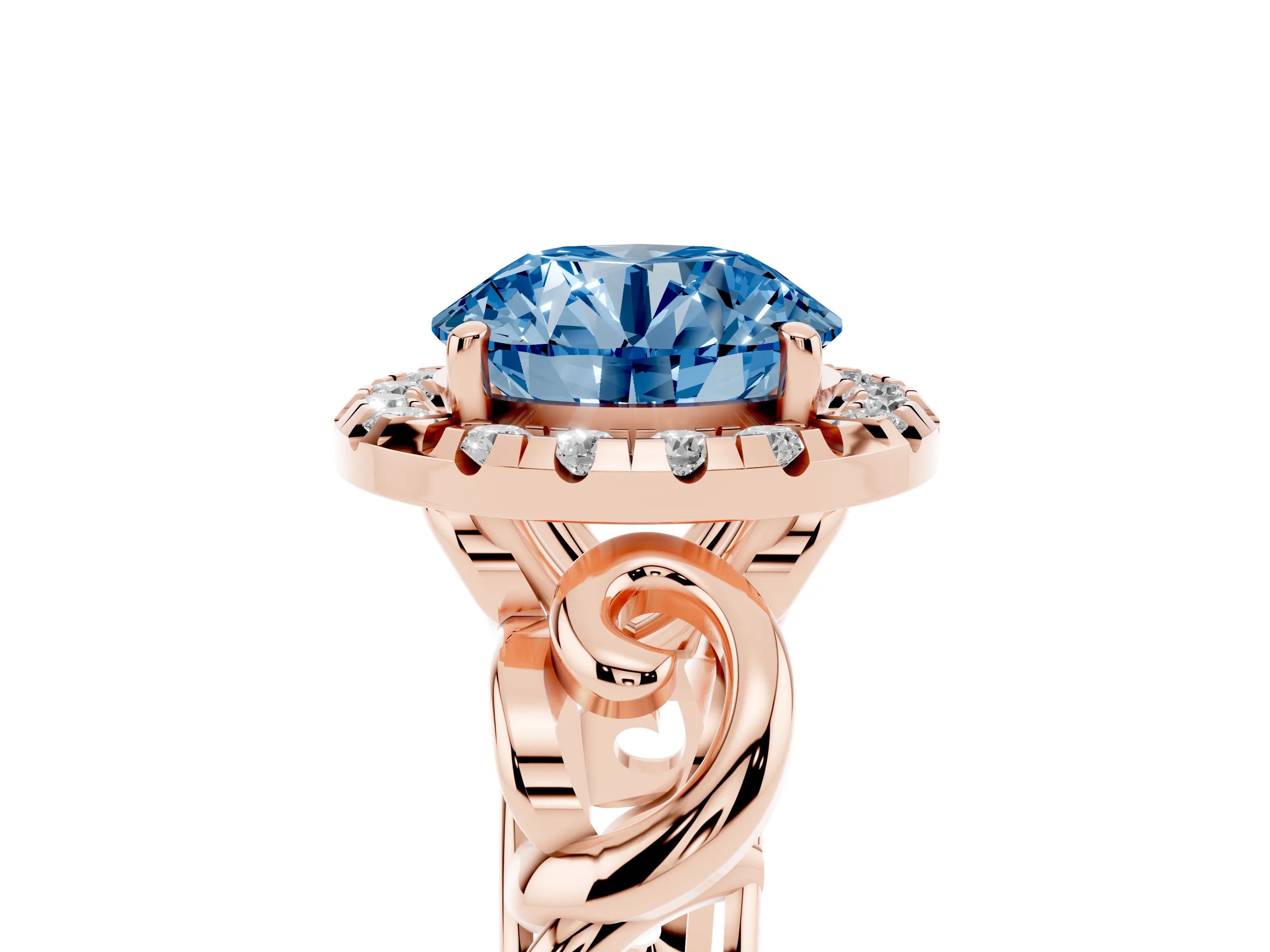 Fancy Blue Round Cut Diamond Halo Ring Set in Rose gold with Scrollwork Band and Prong Setting