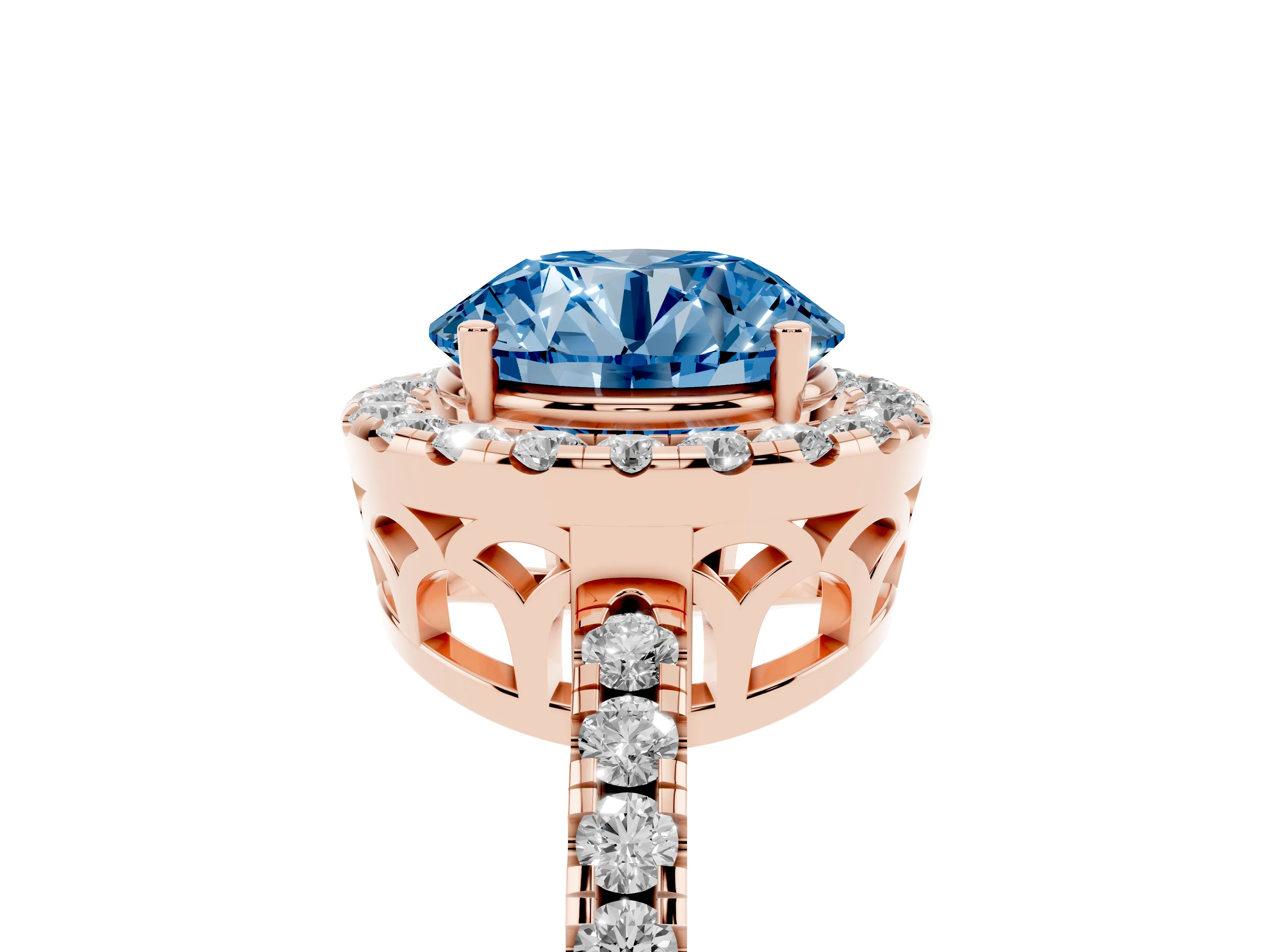 Fancy Blue Round Cut Diamond Pavé Band Halo Engagement Ring Set in Rose gold with Prong Setting