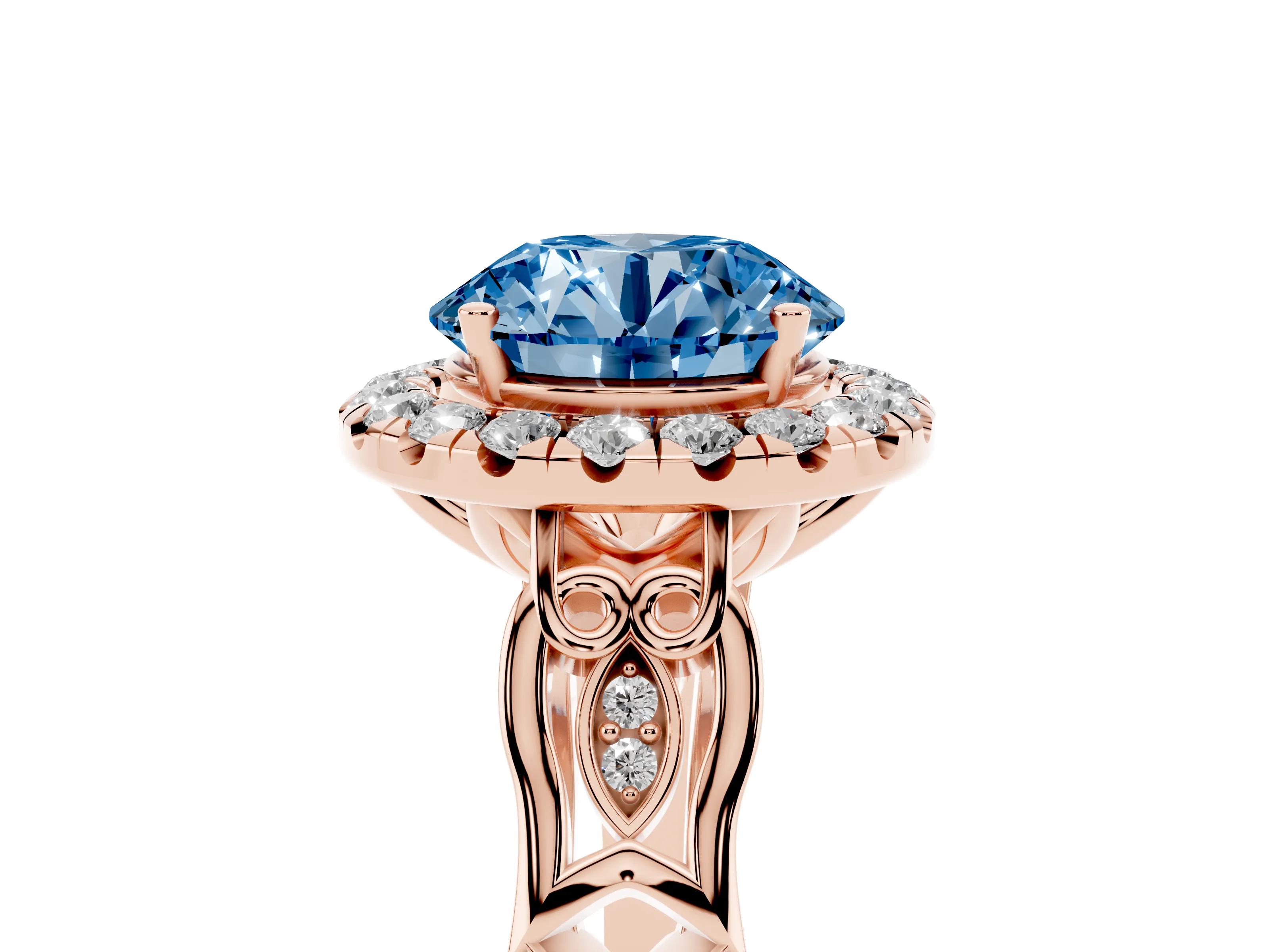 Fancy Blue Round Cut Diamond Halo Engagement Ring Set in Rose gold with Filigree Band and Prong-Set Center