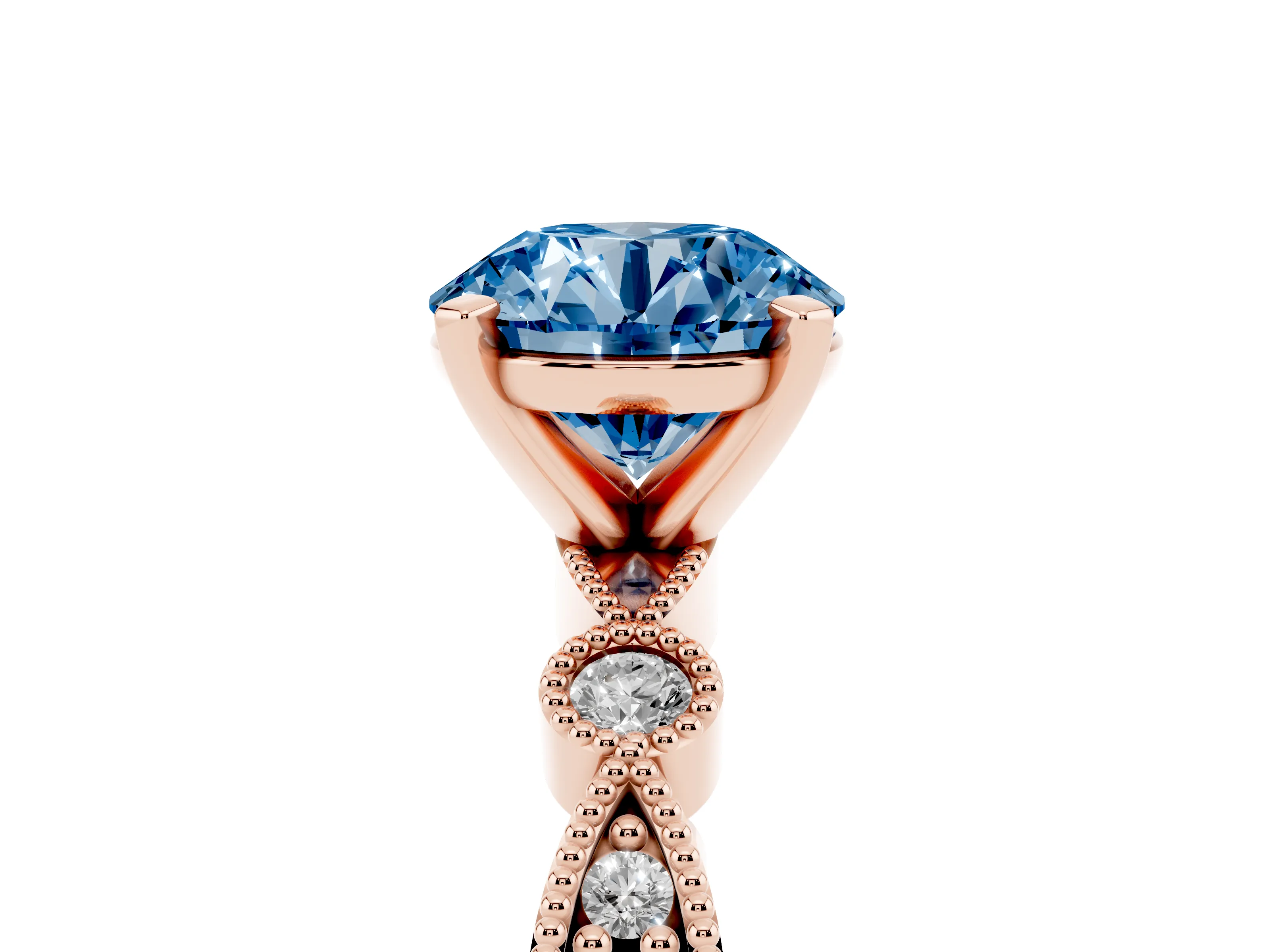 Fancy Blue Round Cut Diamond Solitaire Engagement Ring Set in Rose gold with Milgrain Bezel Accent Band