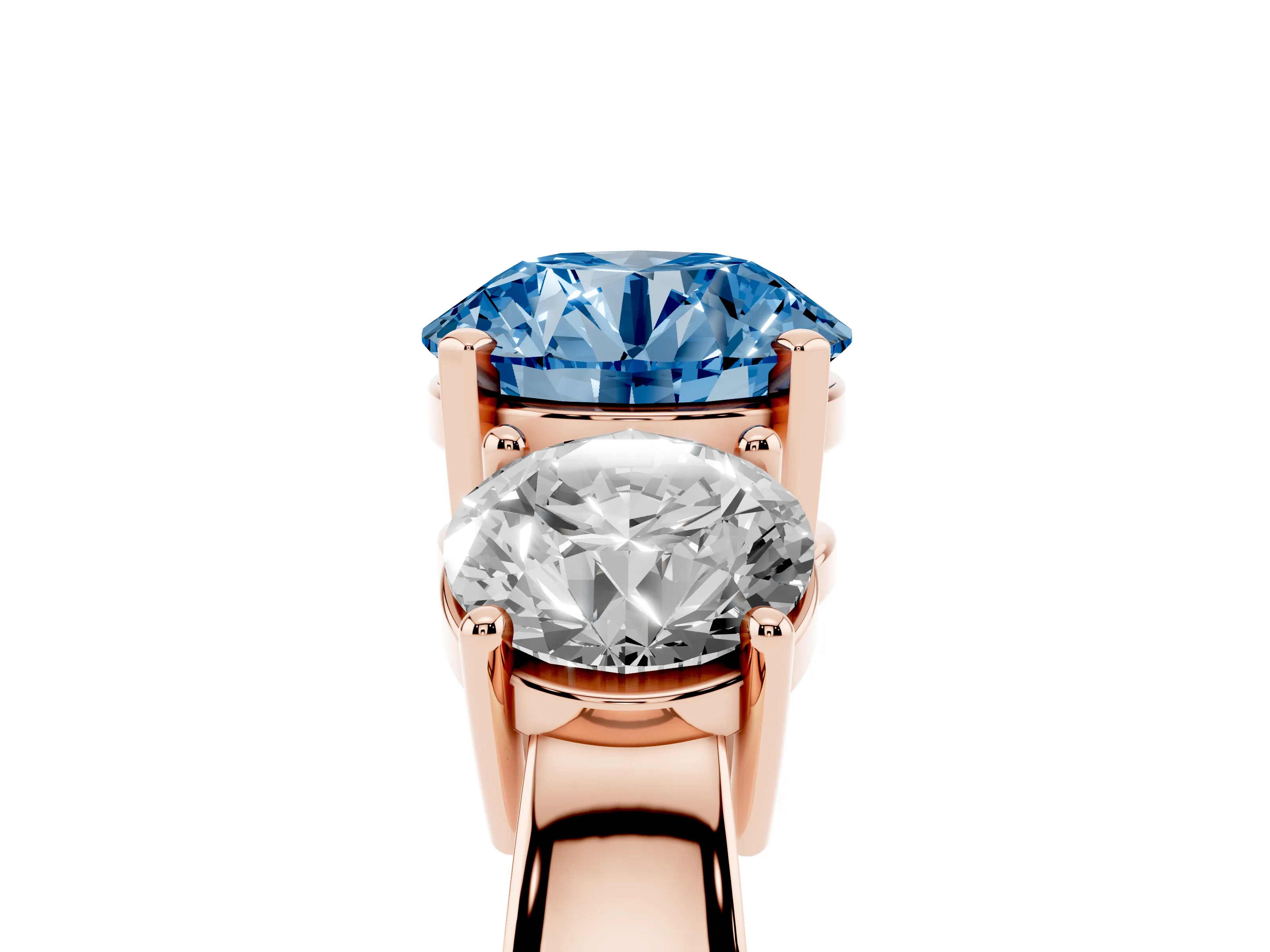 Fancy Blue Round Cut Diamond Three-Stone Ring Set in Rose gold with Round Side Stones and Classic Band