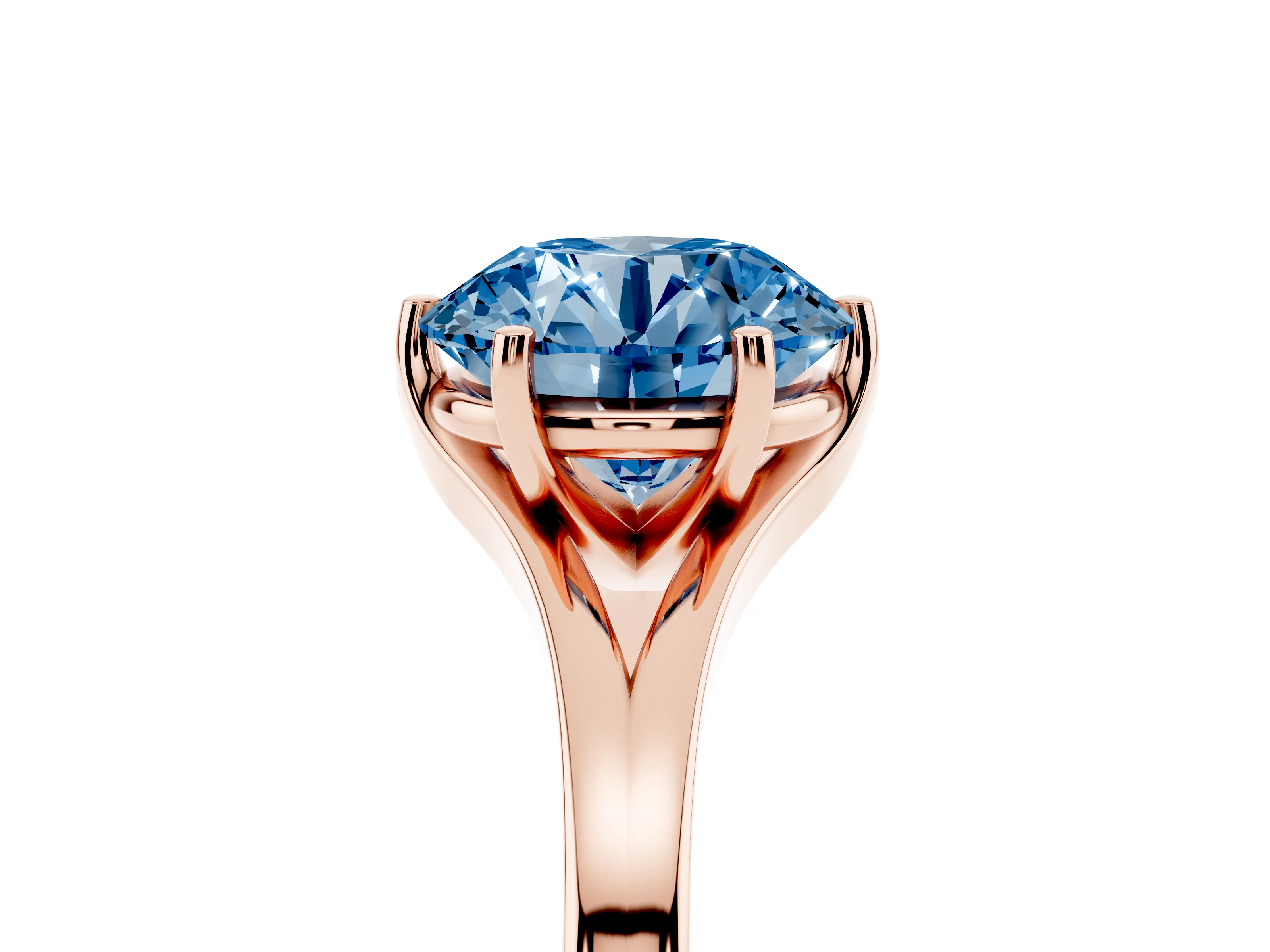 Fancy Blue Round Cut Diamond Solitaire Ring Set in Rose gold with Polished Tapered Band and Prong Setting