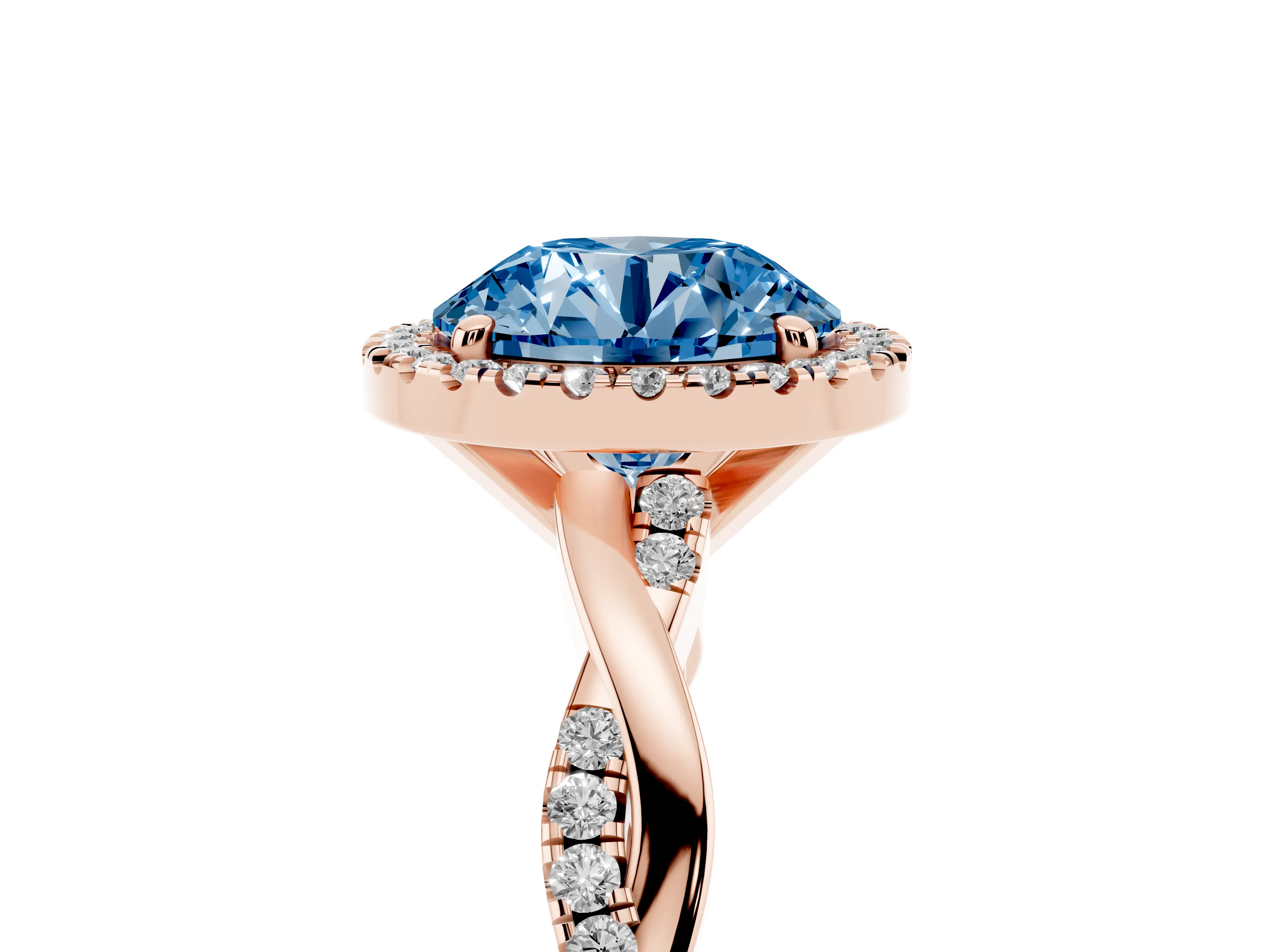 Fancy Blue Round Cut Diamond Halo Twisted Band Ring Set in Rose gold with Prong Setting