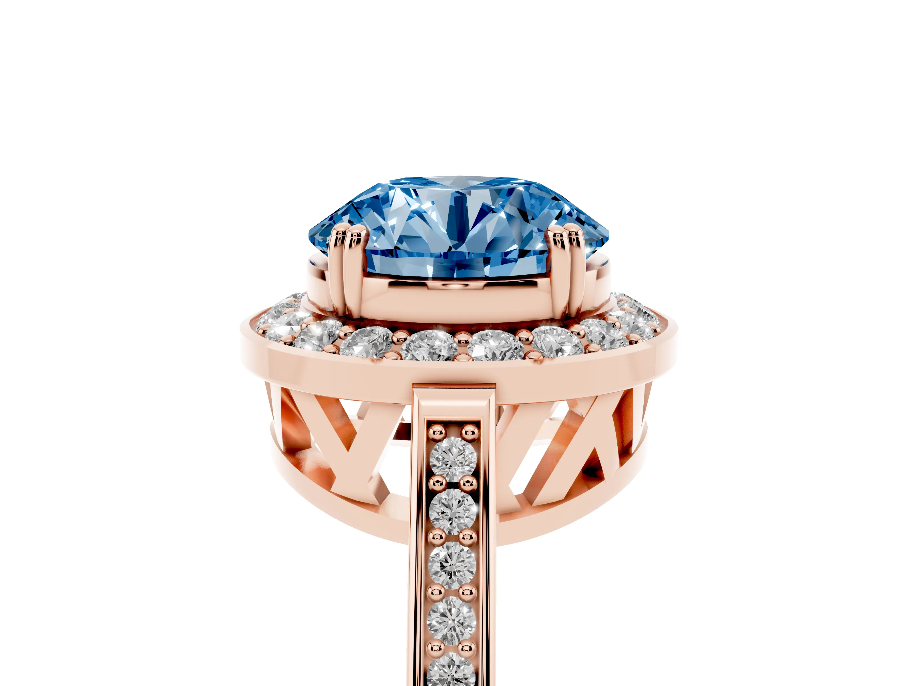 Fancy Blue Round Cut Diamond Halo Ring Set in Rose gold with Accent-Lined Split Shank and Prong Setting