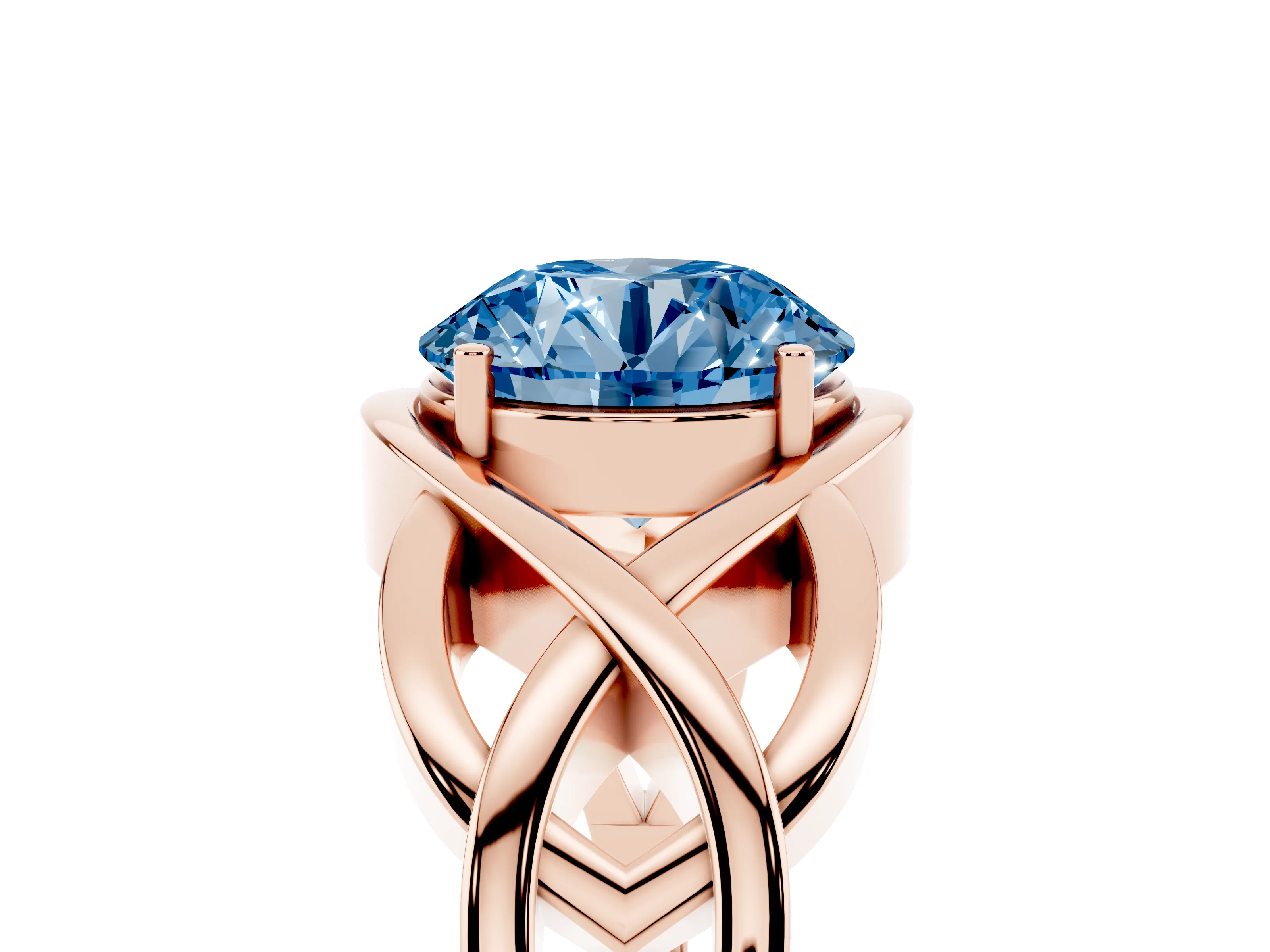 Fancy Blue Round Cut Diamond Solitaire Ring Set in Rose gold with Intertwined Band