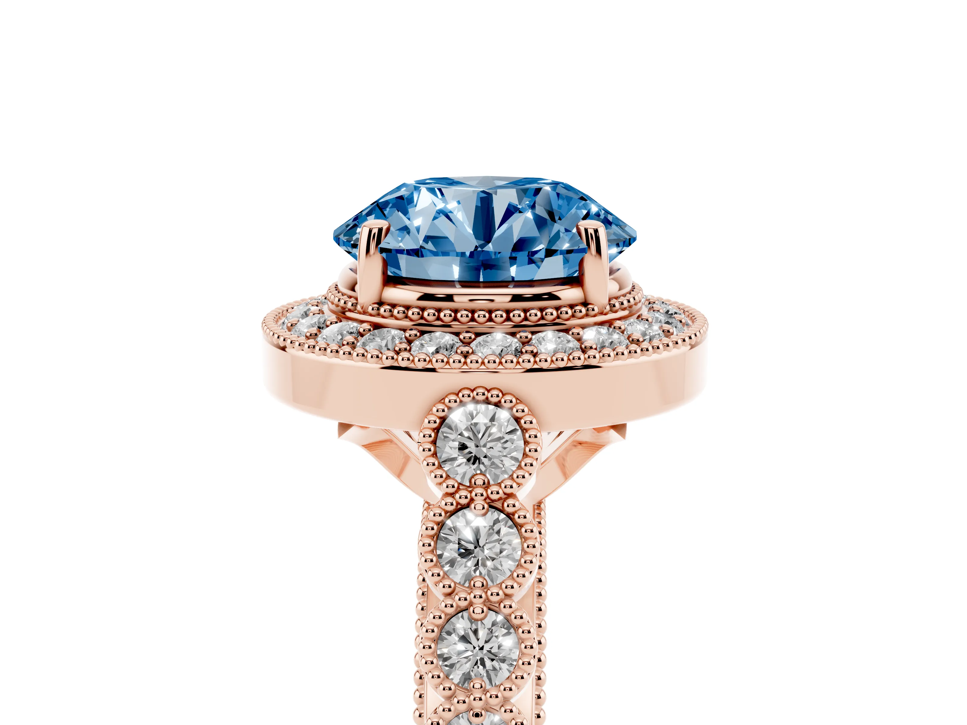 Fancy Blue Round Cut Diamond Milgrain Halo Solitaire Ring Set in Rose gold with Bezel Set Side Stones and Pavé Band