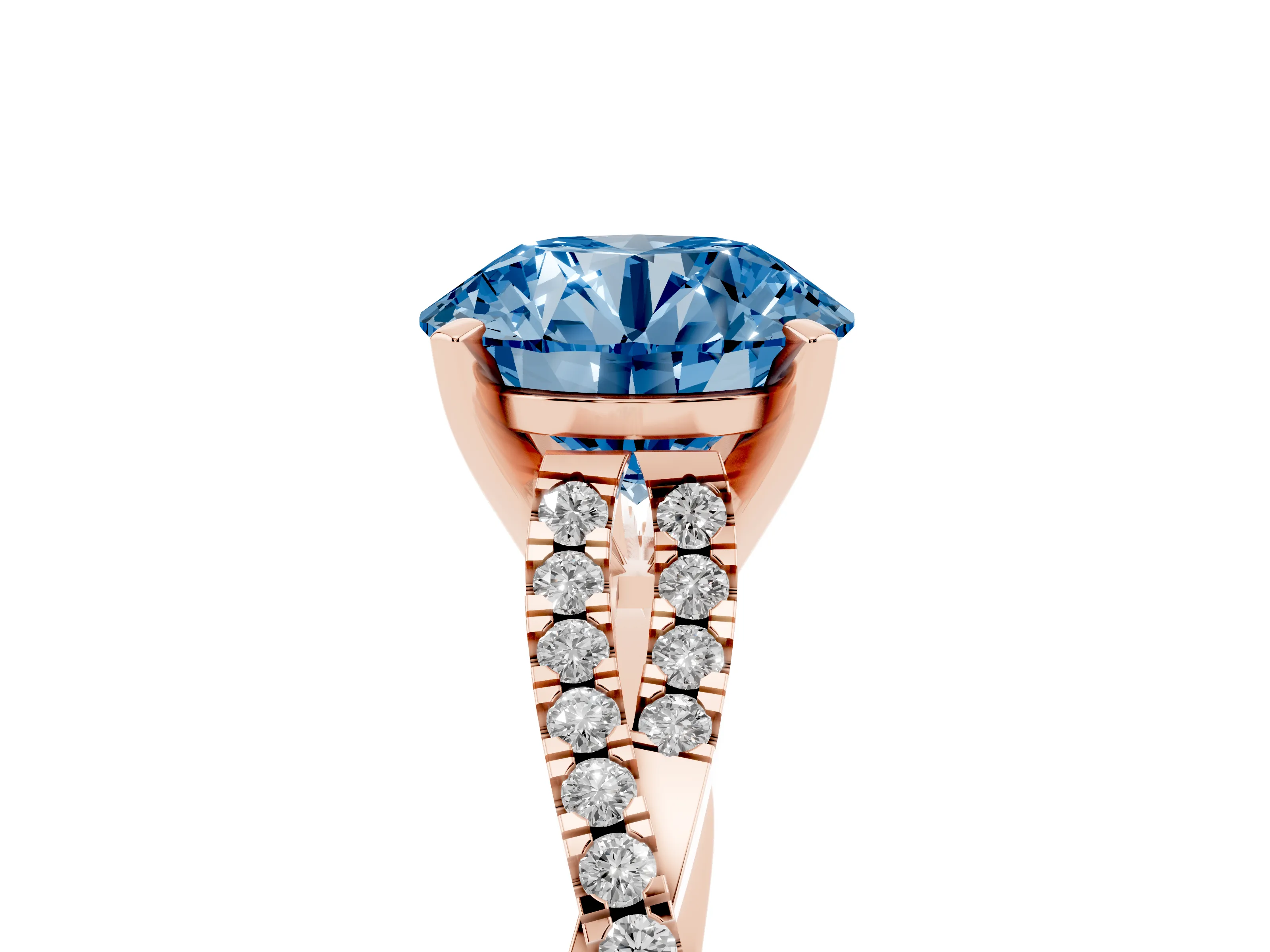 Fancy Blue Round Cut Diamond Solitaire Engagement Ring Set in Rose gold with Twisted Pavé Band and Prong Setting