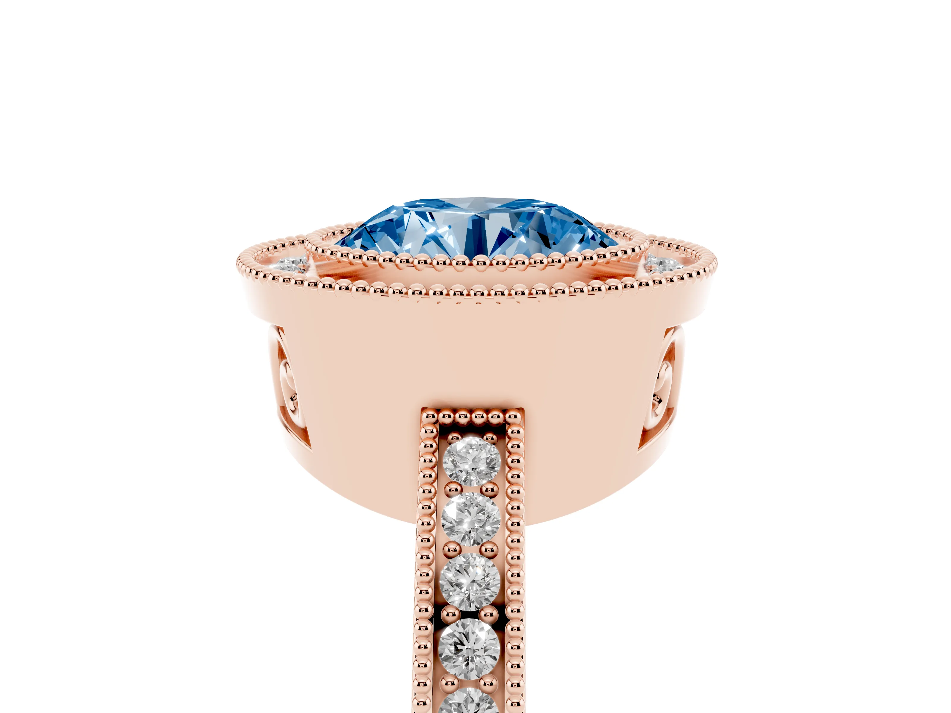 Fancy Blue Round Cut Diamond Halo Ring Set in Rose gold with Pavé Band and Milgrain-Edged Prongs
