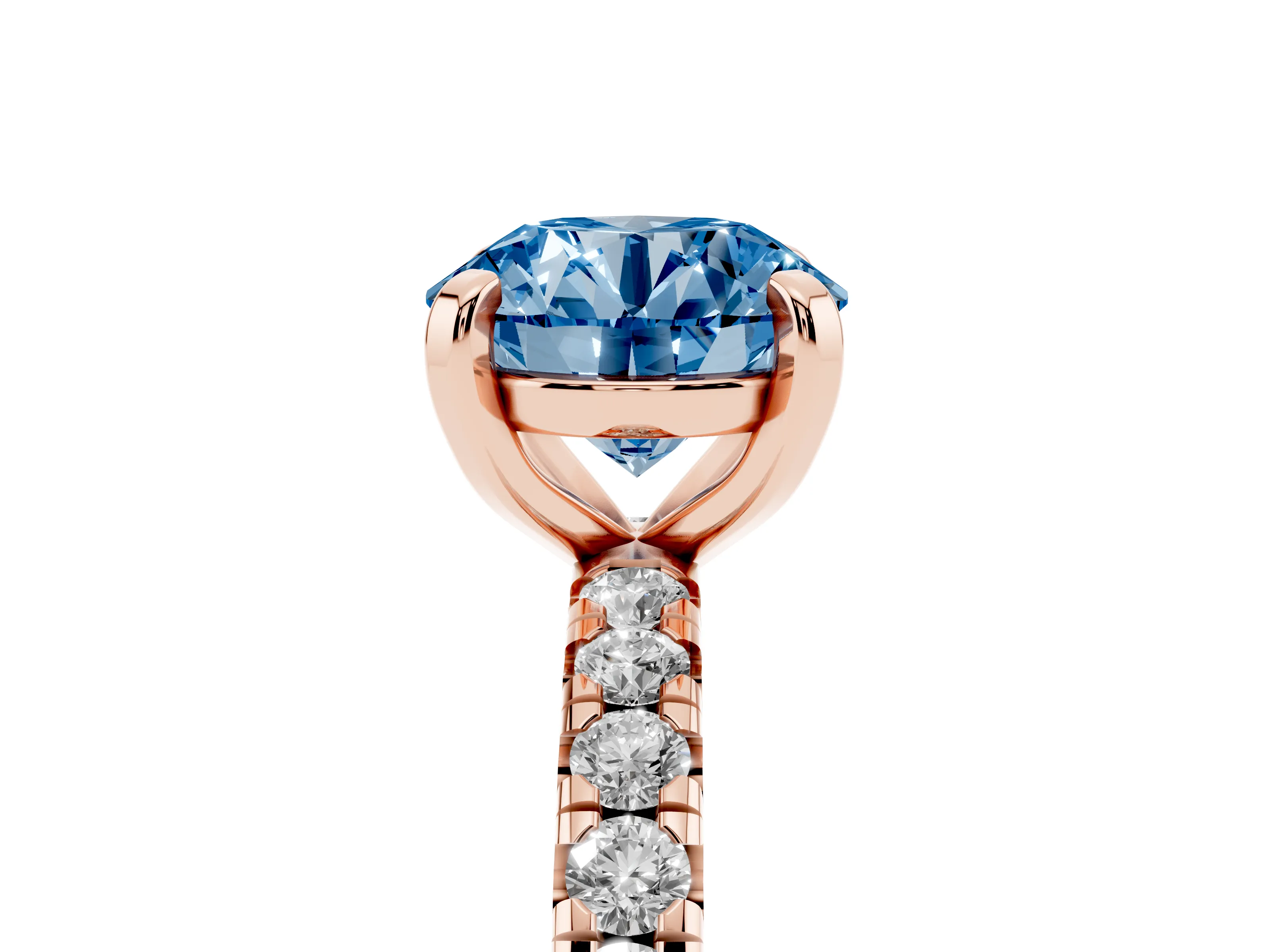 Fancy Blue Round Cut Diamond Pavé Solitaire Ring Set in Rose gold with Round Band and Prong Setting
