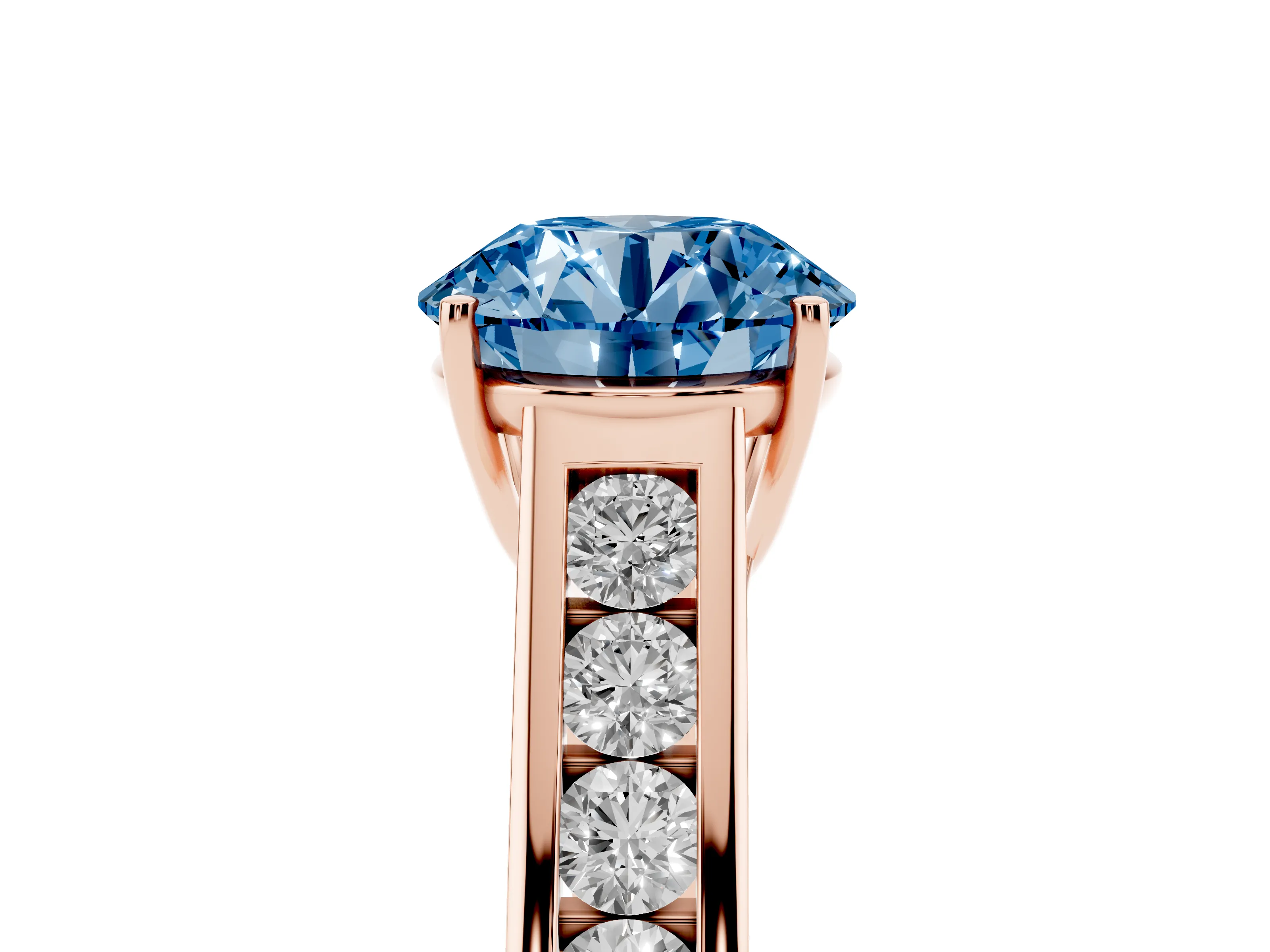 Fancy Blue Round Cut Diamond Solitaire Channel-Set Engagement Ring Set in Rose gold with Prong Setting