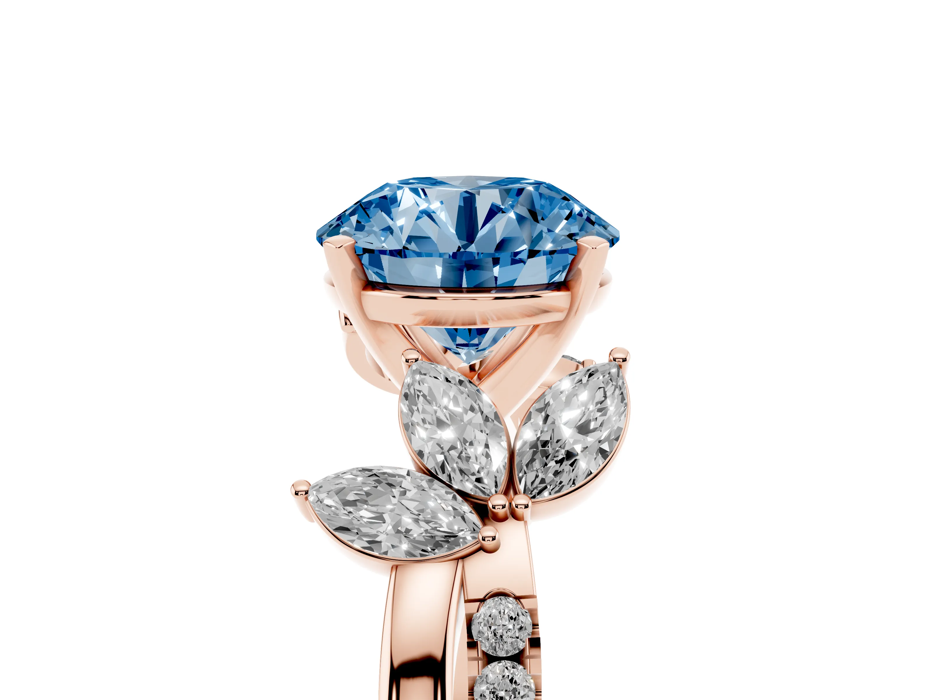 Fancy Blue Round Cut Diamond Floral Vine Solitaire Engagement Ring Set in Rose gold with Marquise Leaves