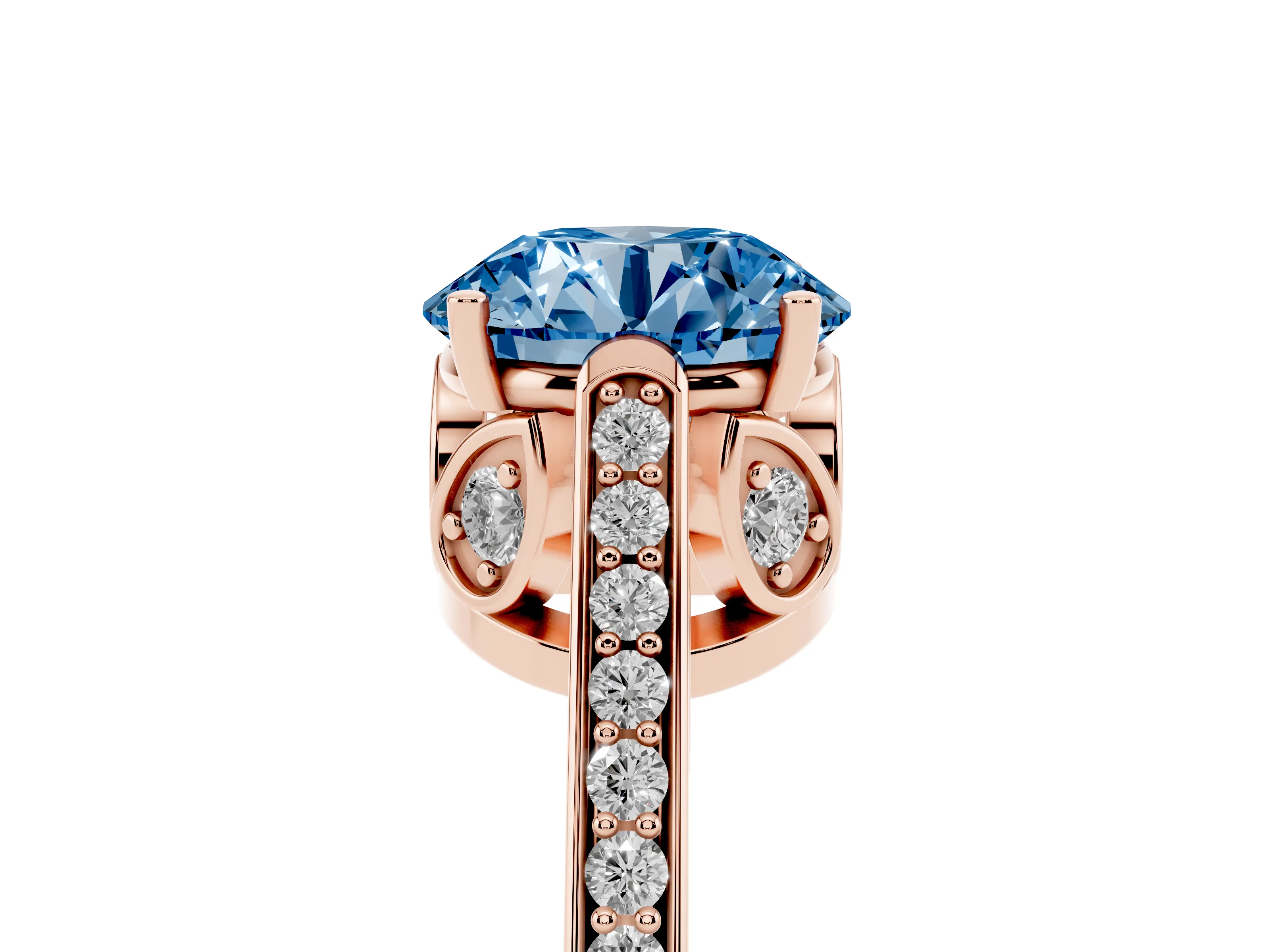 Fancy Blue Round Cut Diamond Cathedral Pavé Engagement Ring Set in Rose gold with Prong Setting