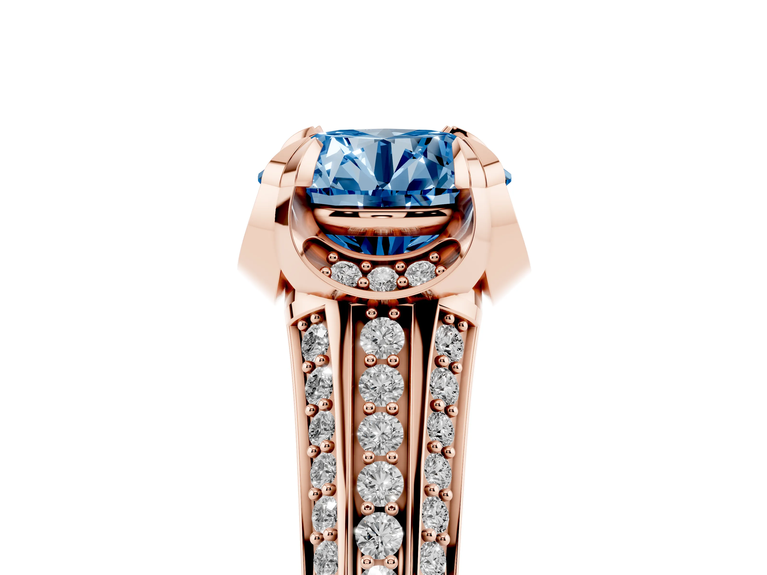 Fancy Blue Round Cut Diamond Pavé Split Shank Solitaire Ring Set in Rose gold with Prong Setting