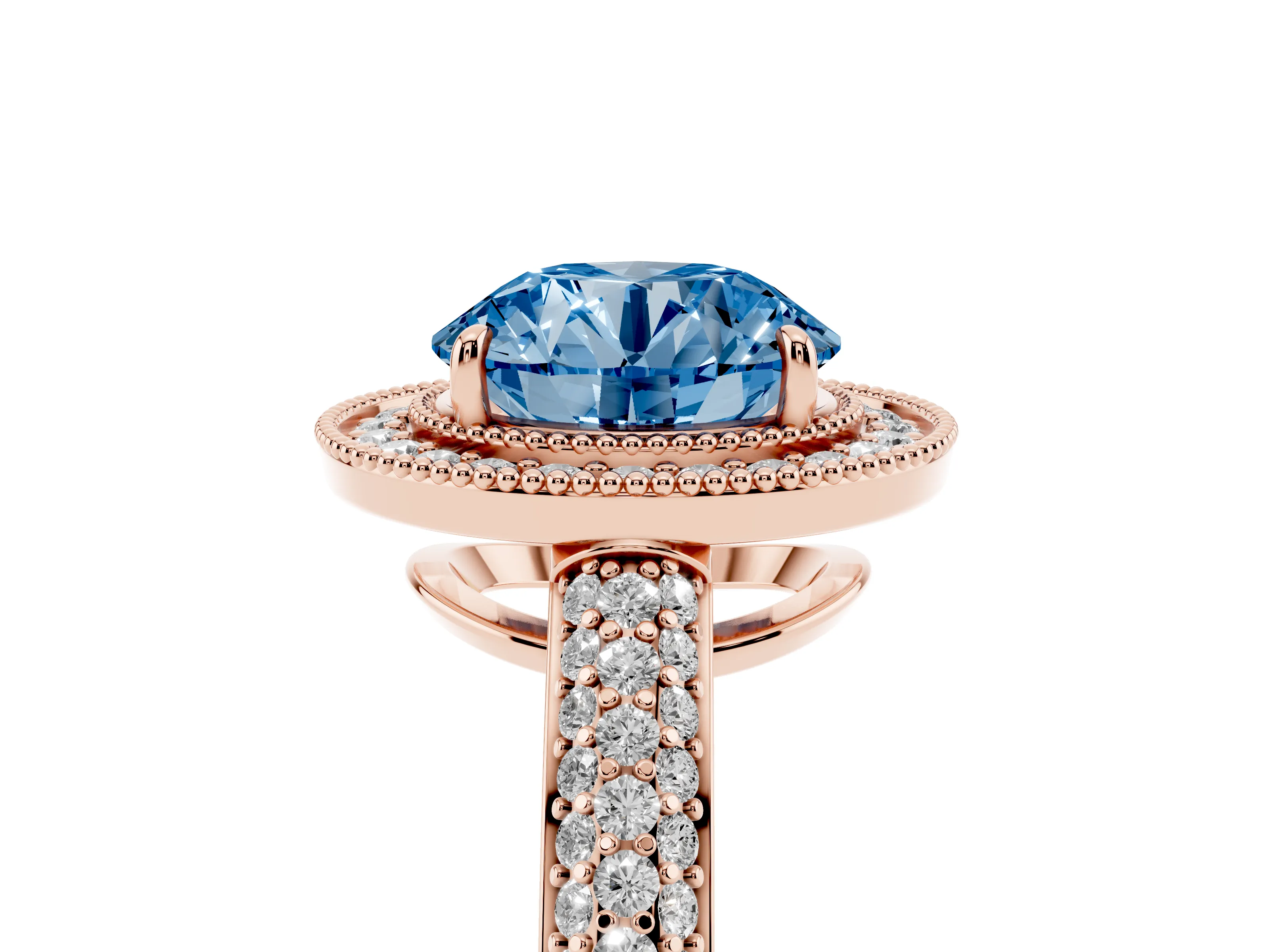Fancy Blue Round Cut Diamond Halo Pavé Band Set in Rose gold with Prong Setting
