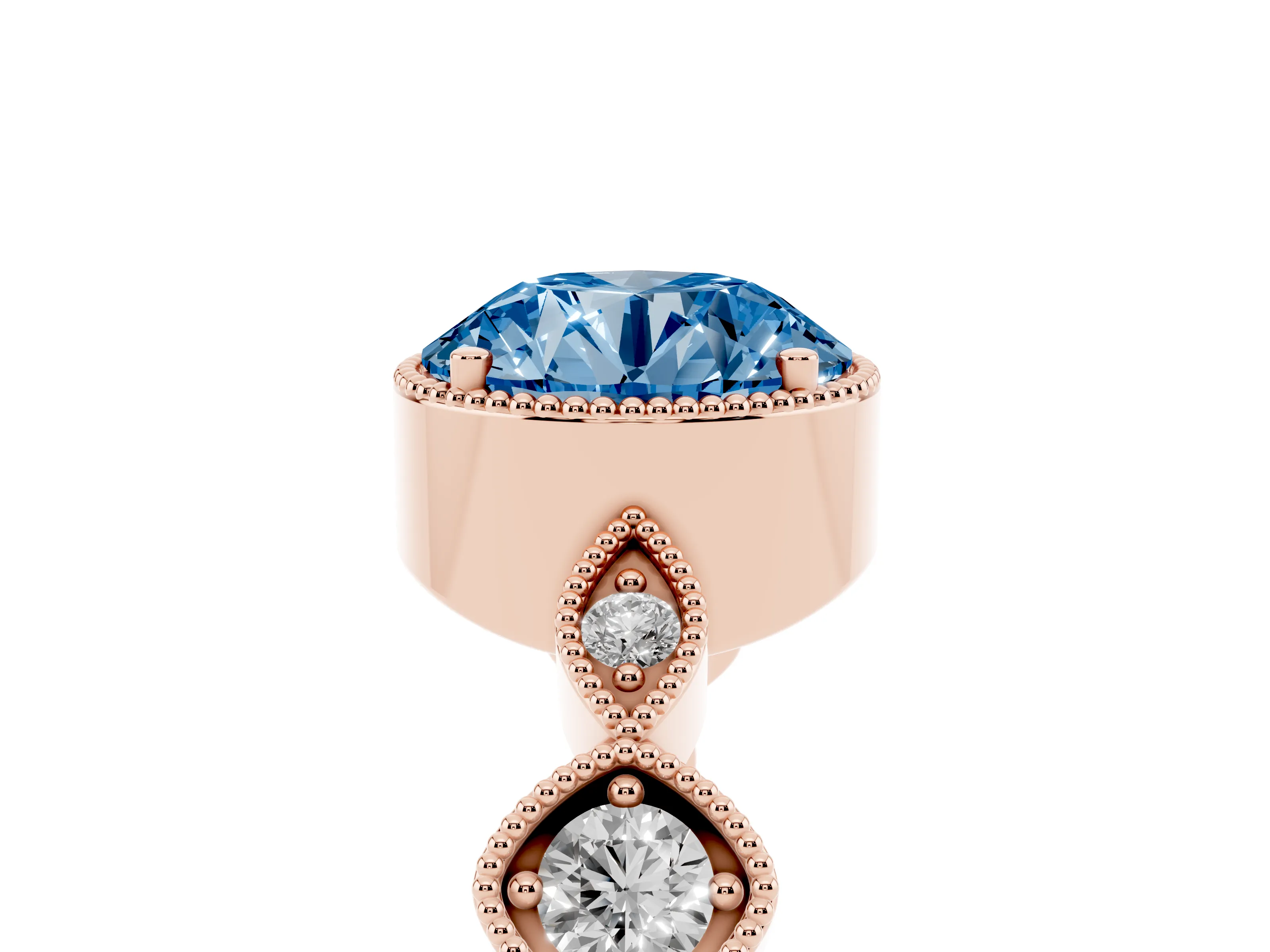 Fancy Blue Round Cut Diamond Vintage-Inspired Milgrain Ring Set in Rose gold with Marquise Stations of Round Accents