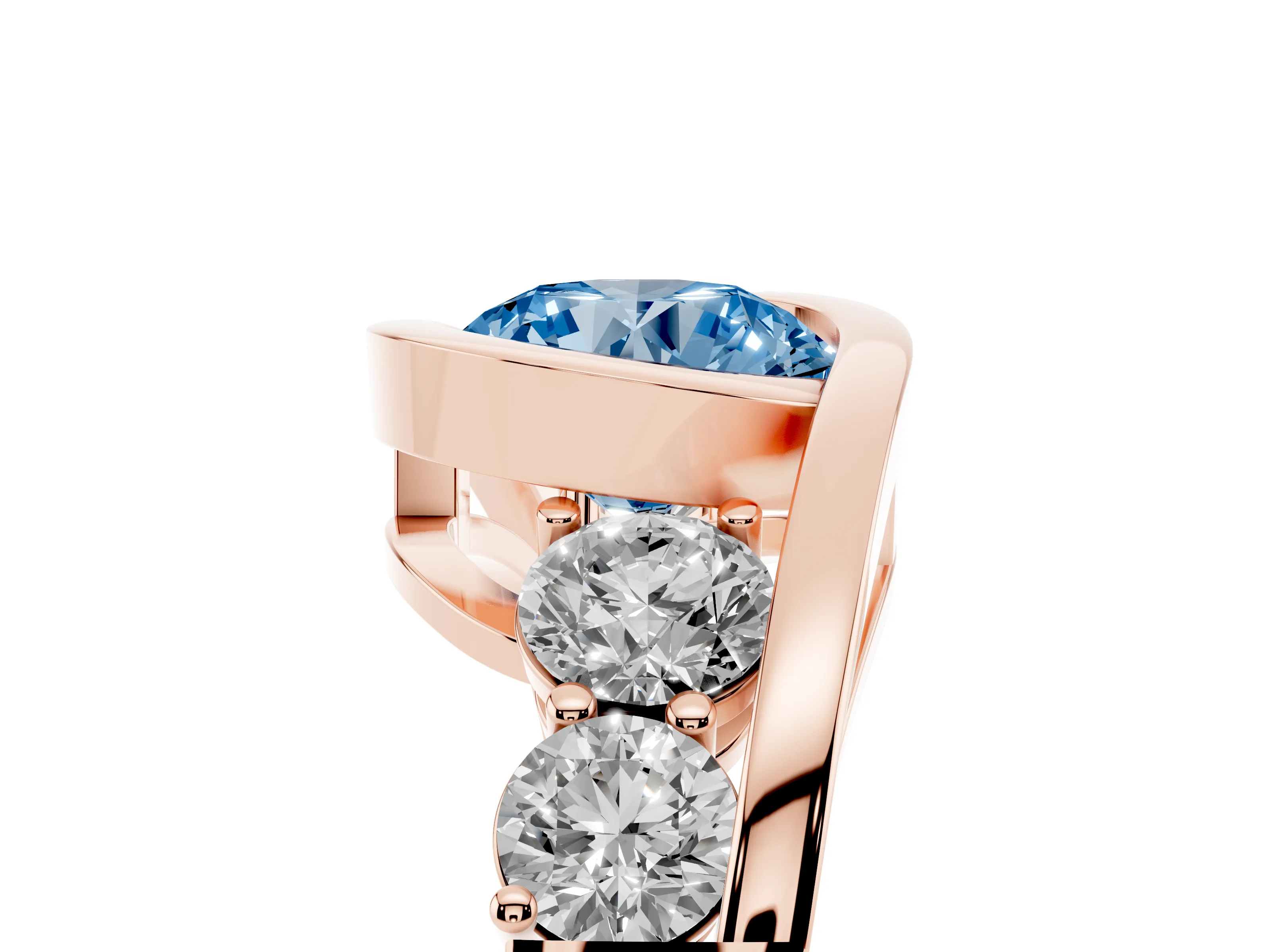 Fancy Blue Round Cut Diamond Bezel Bypass Ring Set in Rose gold with Round Accents