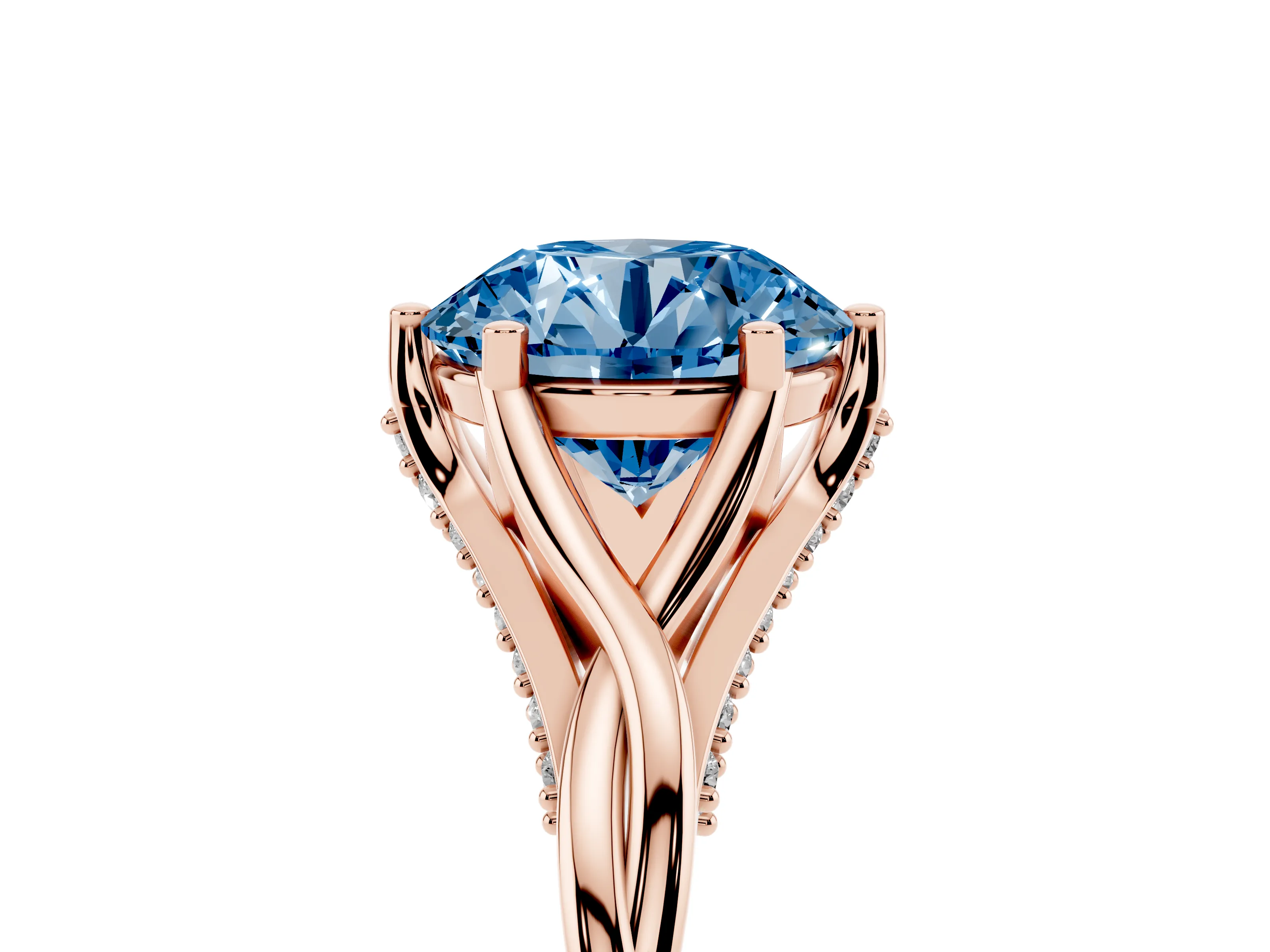 Fancy Blue Round Cut Diamond Intertwined Twist Band Solitaire Ring Set in Rose gold with Prong Setting