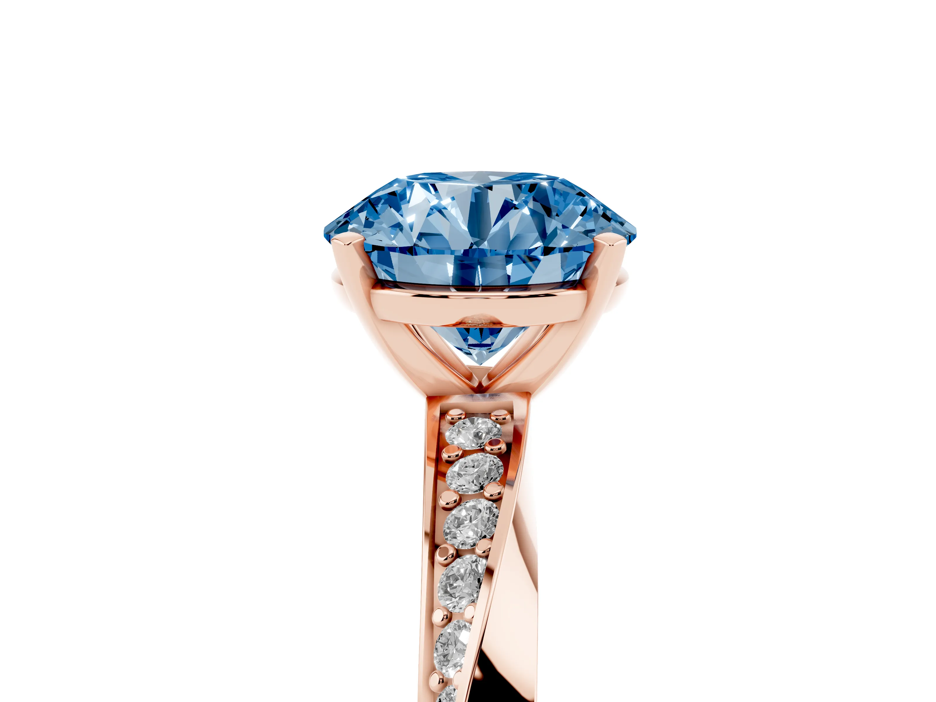 Fancy Blue Round Cut Diamond Engagement Ring Set in Rose gold with Side Stone Accents and Prong Setting