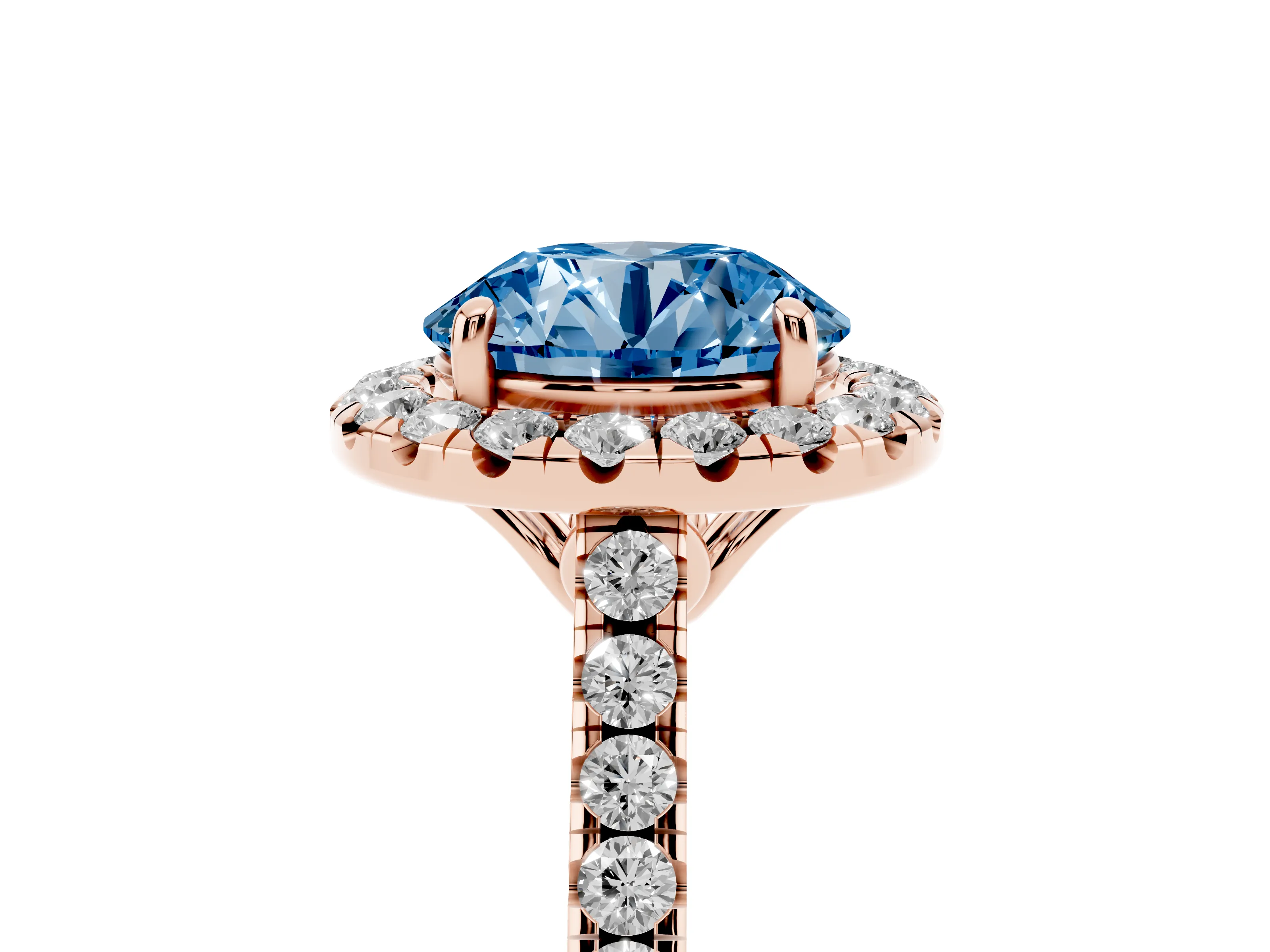 Fancy Blue Round Cut Diamond Pavé Halo Engagement Ring Set in Rose gold with Pavé Band and Prong Setting