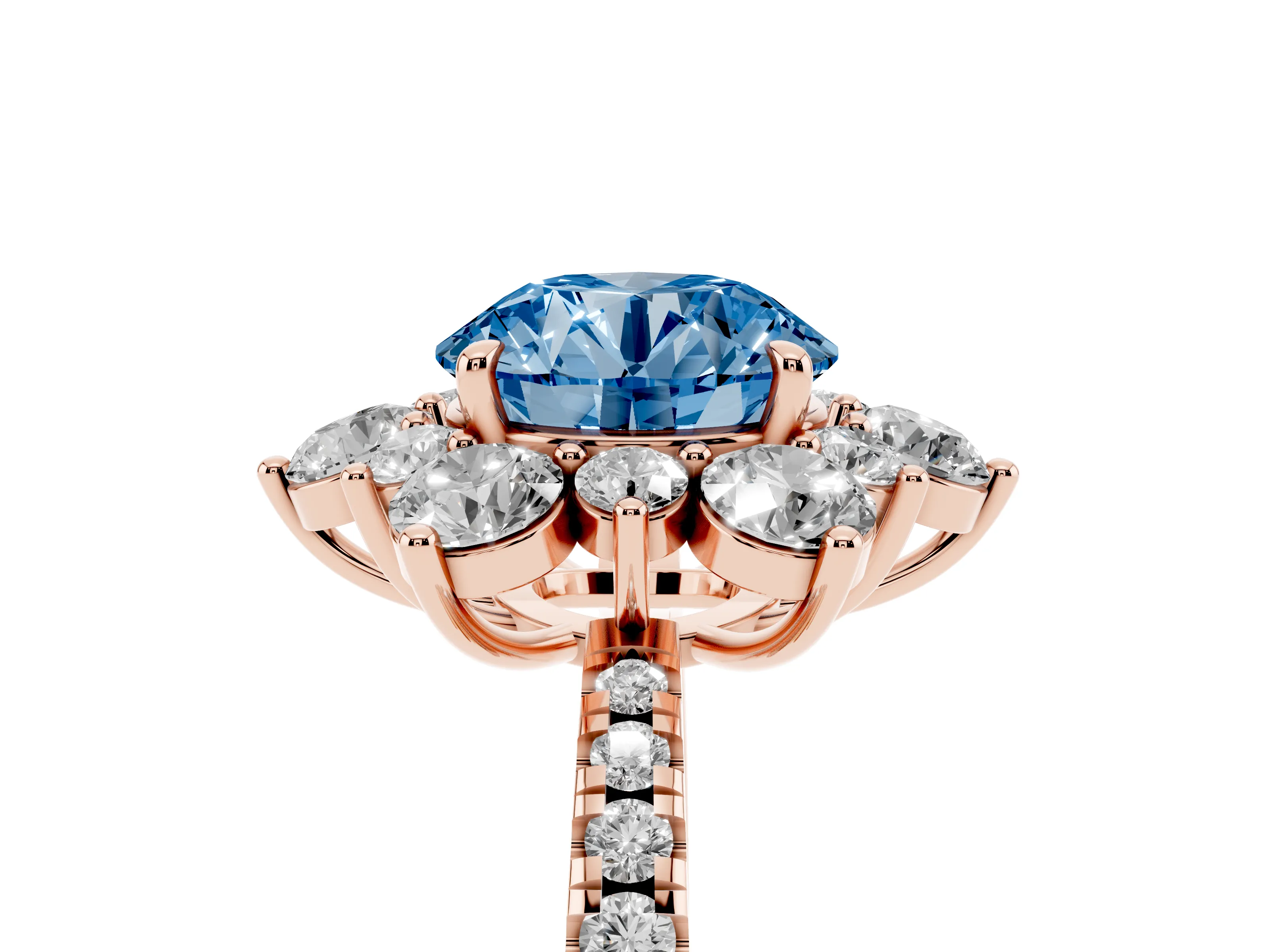 Fancy Blue Round Cut Diamond Floral Halo Ring Set in Rose gold with Round Pavé Band and Prong Setting