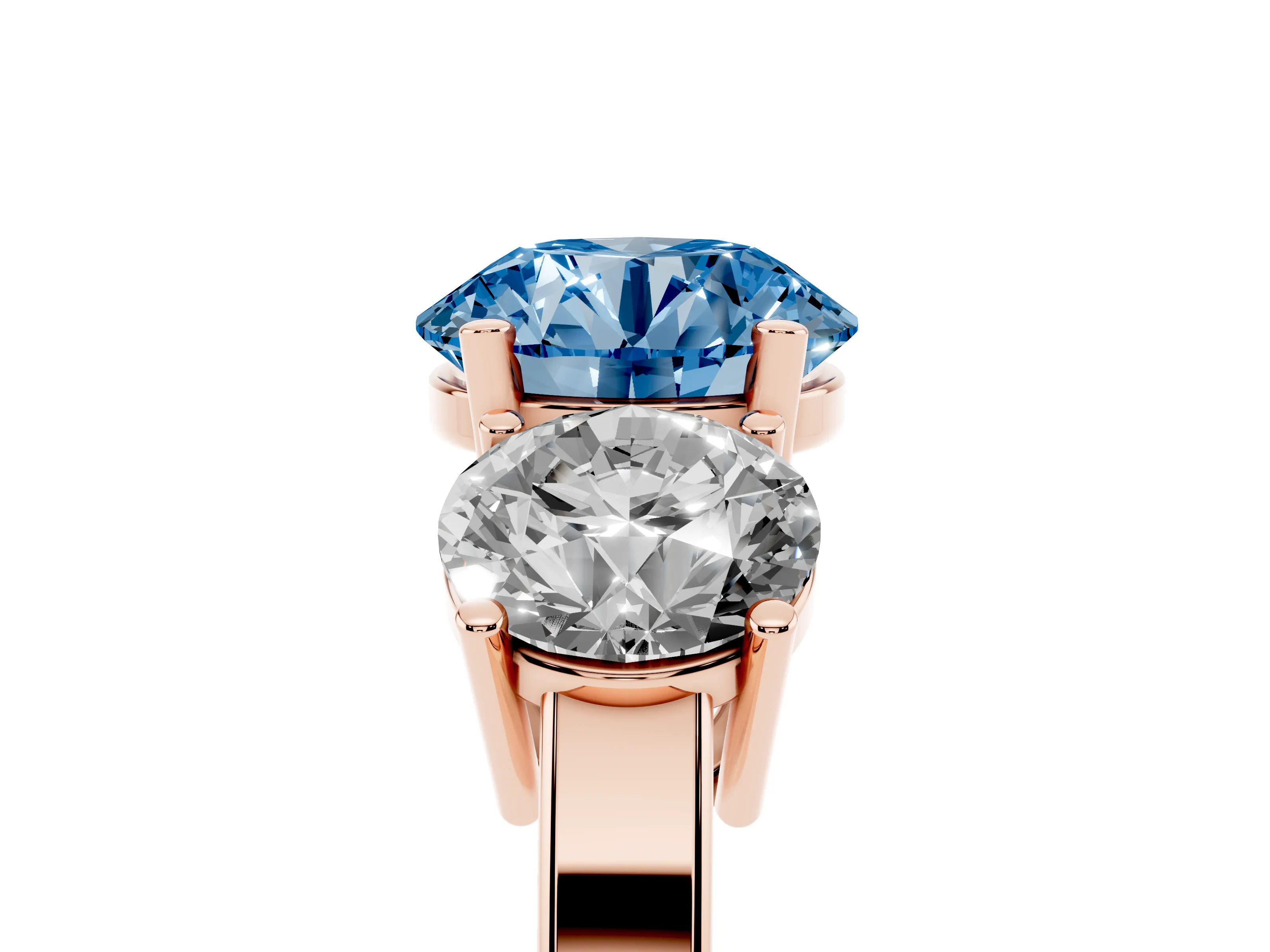 Fancy Blue Round Cut Diamond Three-Stone Engagement Ring Set in Rose gold with Flat Band