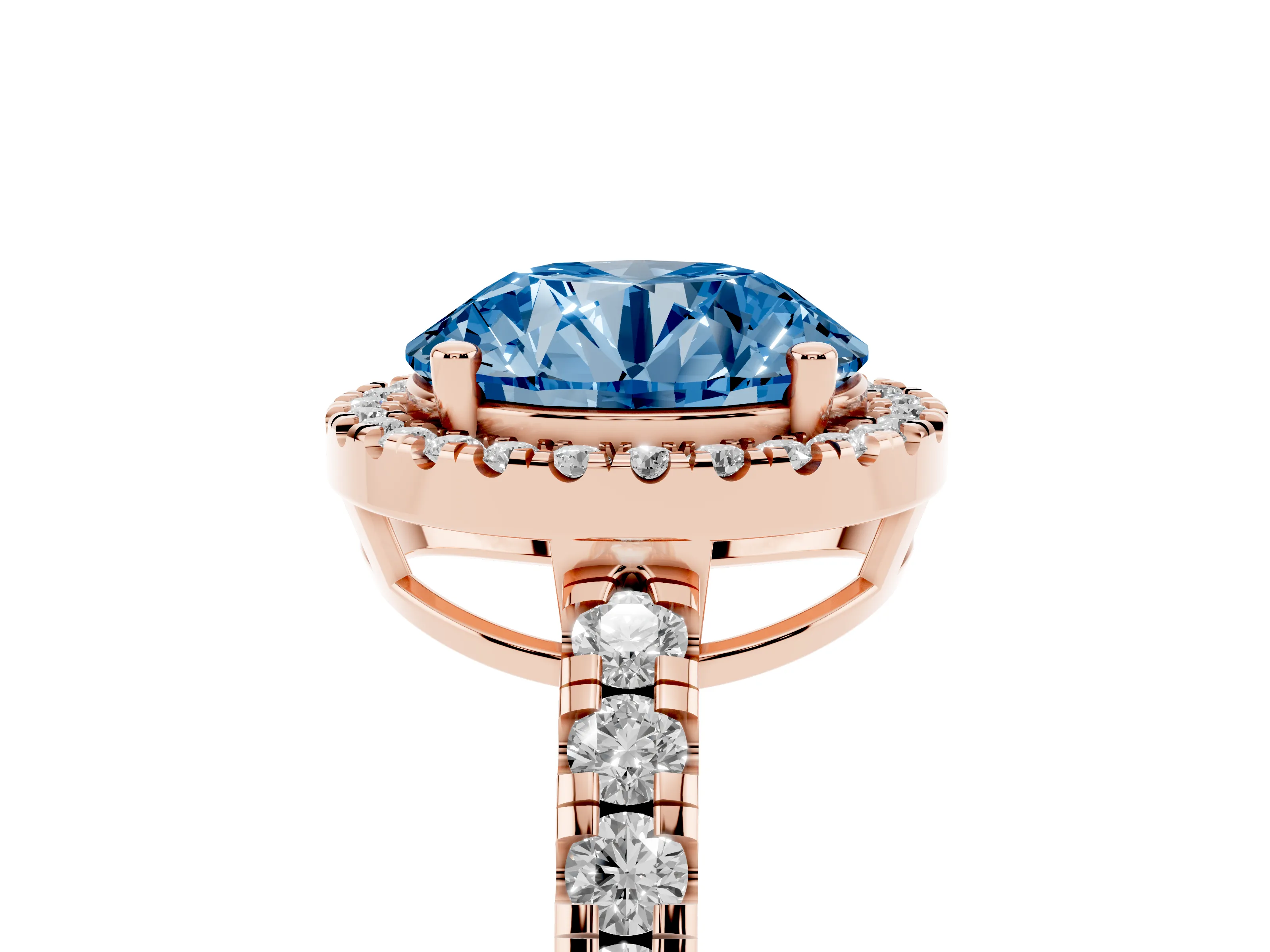 Fancy Blue Round Cut Diamond Halo Ring Set in Rose gold with Delicate Pavé Band and Prong Setting
