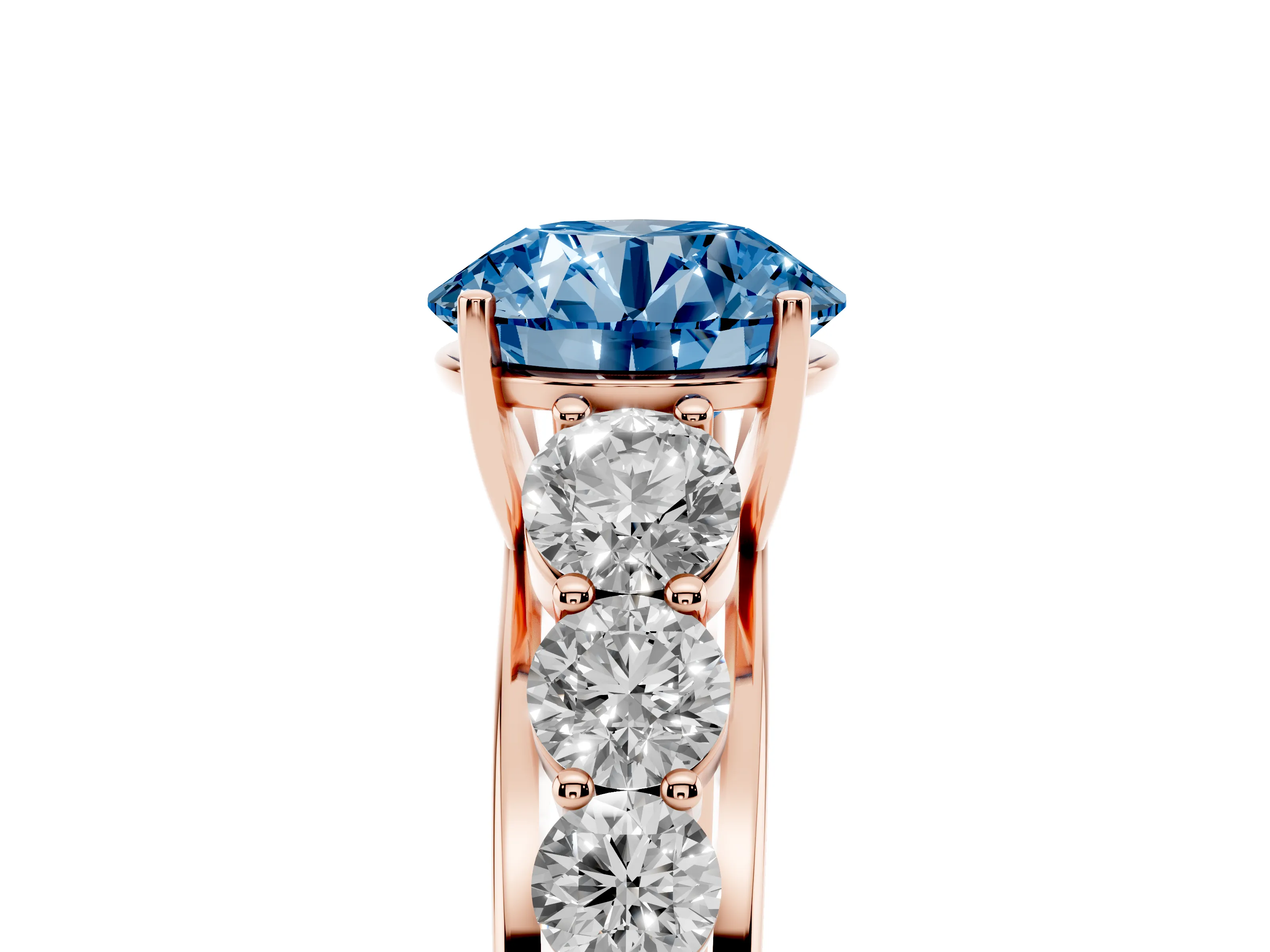 Fancy Blue Round Cut Diamond Solitaire Ring Set in Rose gold with Pavé-Set Band and Prong Setting