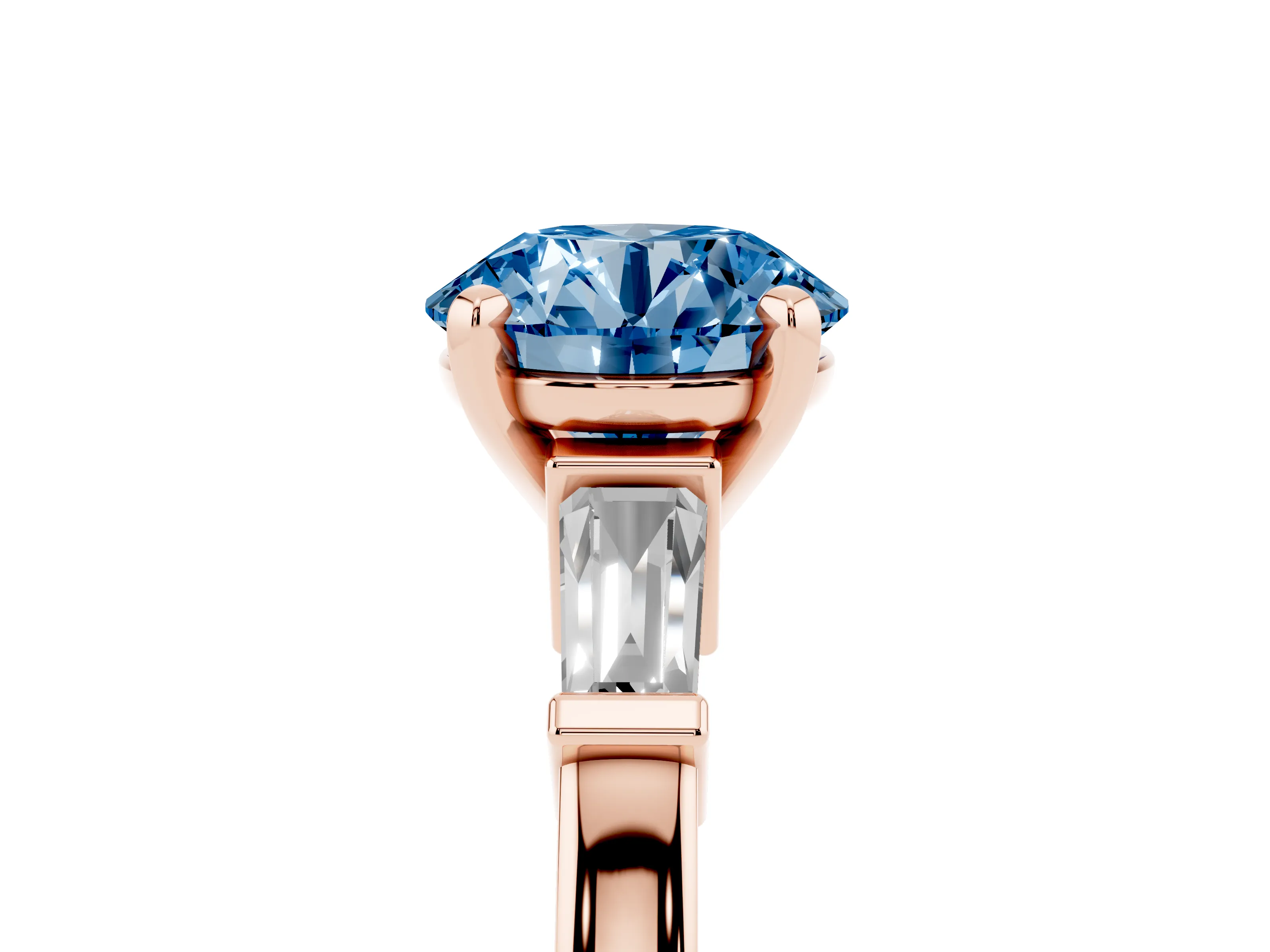 Fancy Blue Round Cut Diamond Solitaire Ring Set in Rose gold with Tapered Baguette Accents and Prong Setting