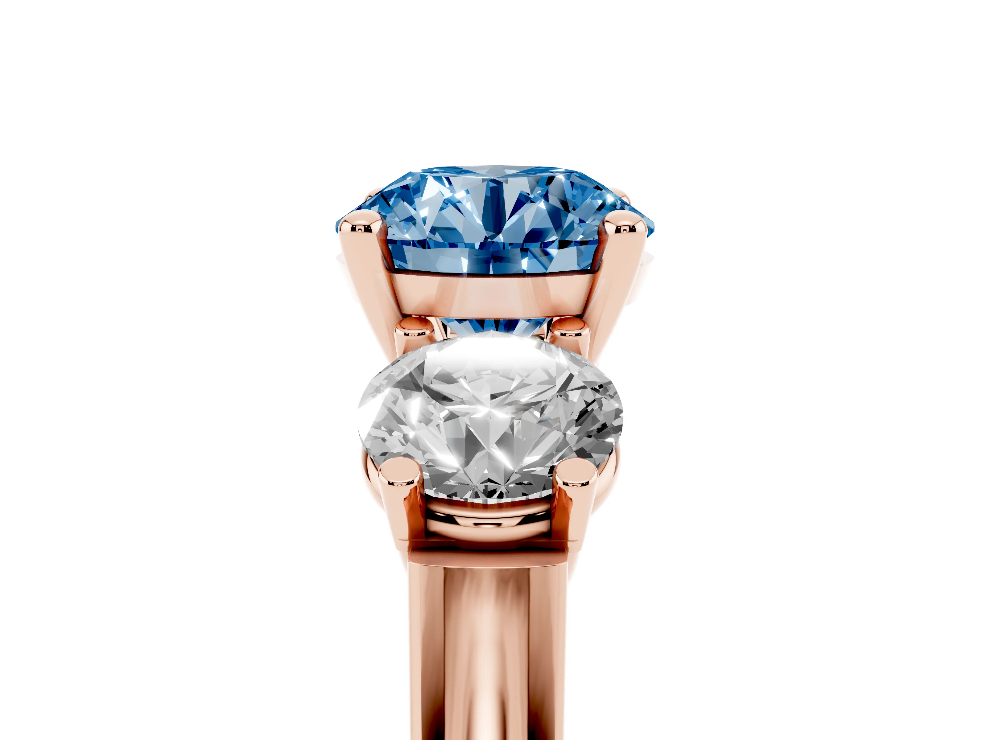 Fancy Blue Round Cut Diamond Three-Stone Trellis Ring Set in Rose gold with Comfort Fit Band