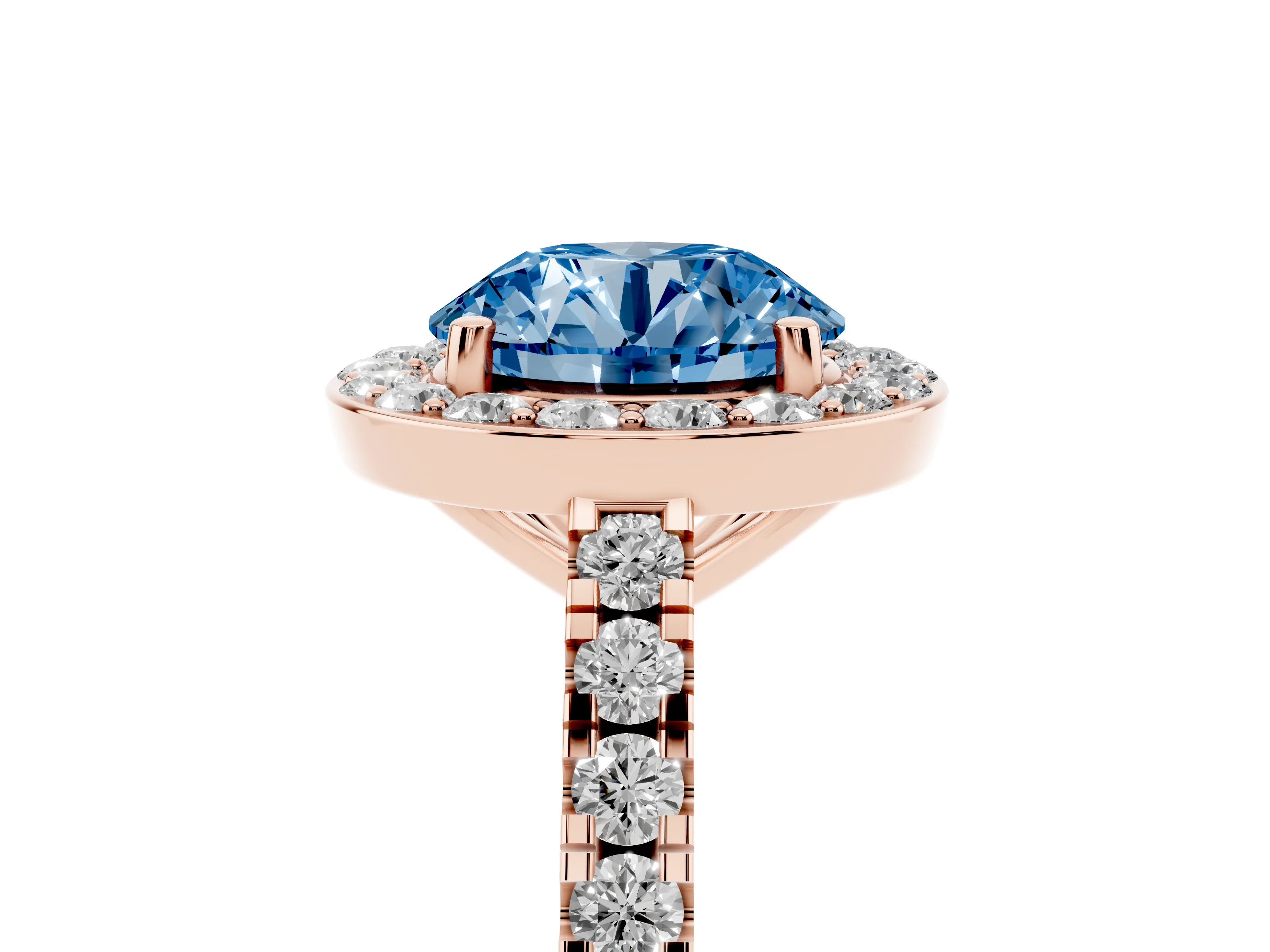 Fancy Blue Round Cut Diamond Halo Ring Set in Rose gold with Round Pavé Split Shank and Prong Setting