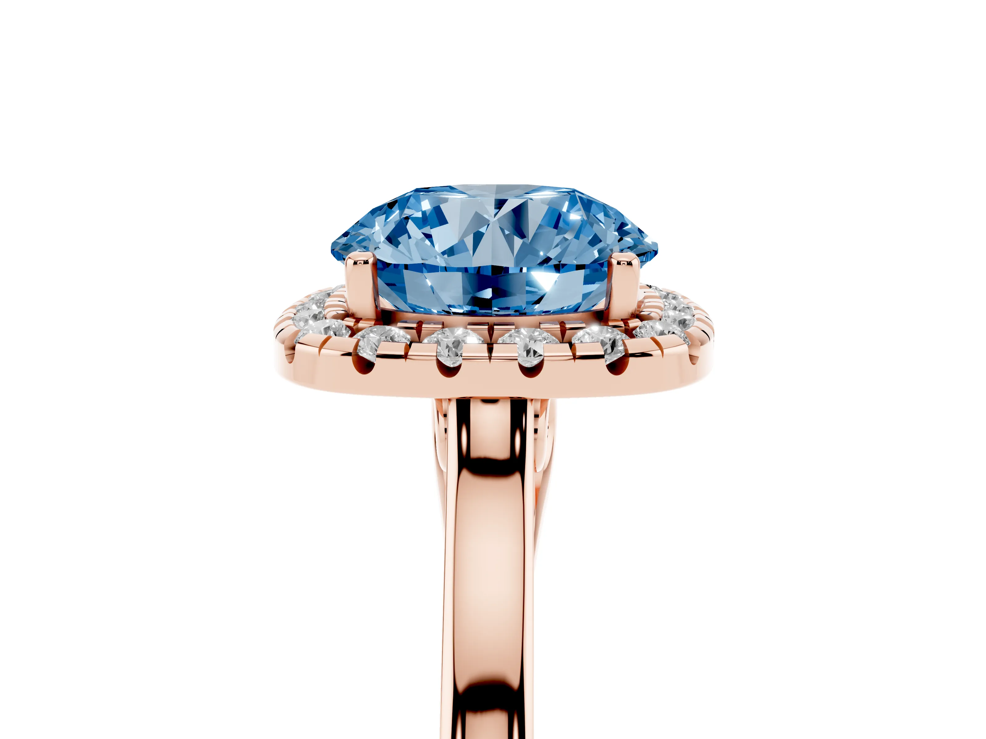 Fancy Blue Round Cut Halo Round Diamond Solitaire Ring Set in Rose gold with Pavé Band and Prong Setting