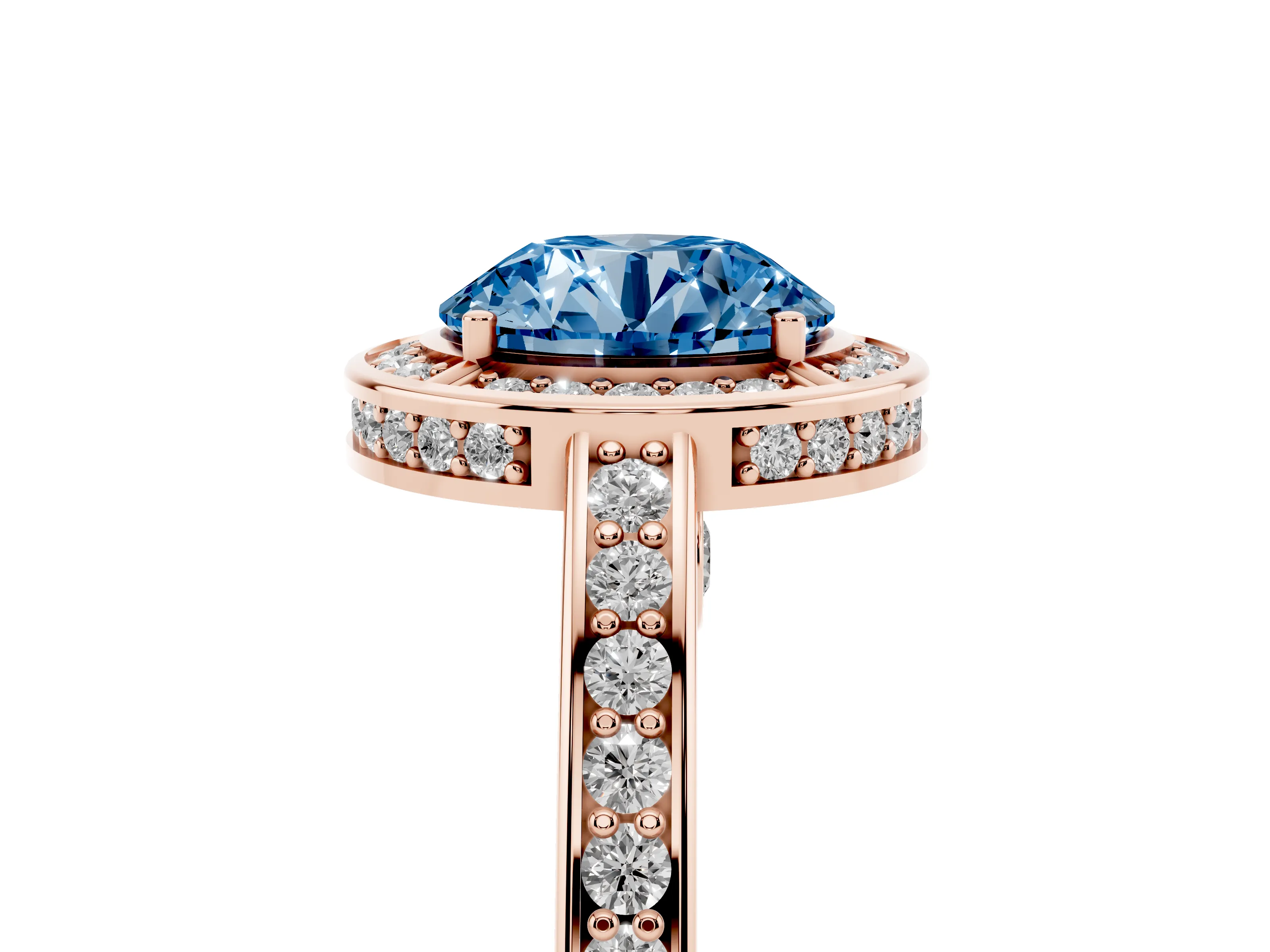 Fancy Blue Round Cut Diamond Halo Pavé Split Shank Ring Set in Rose gold with Prong Setting