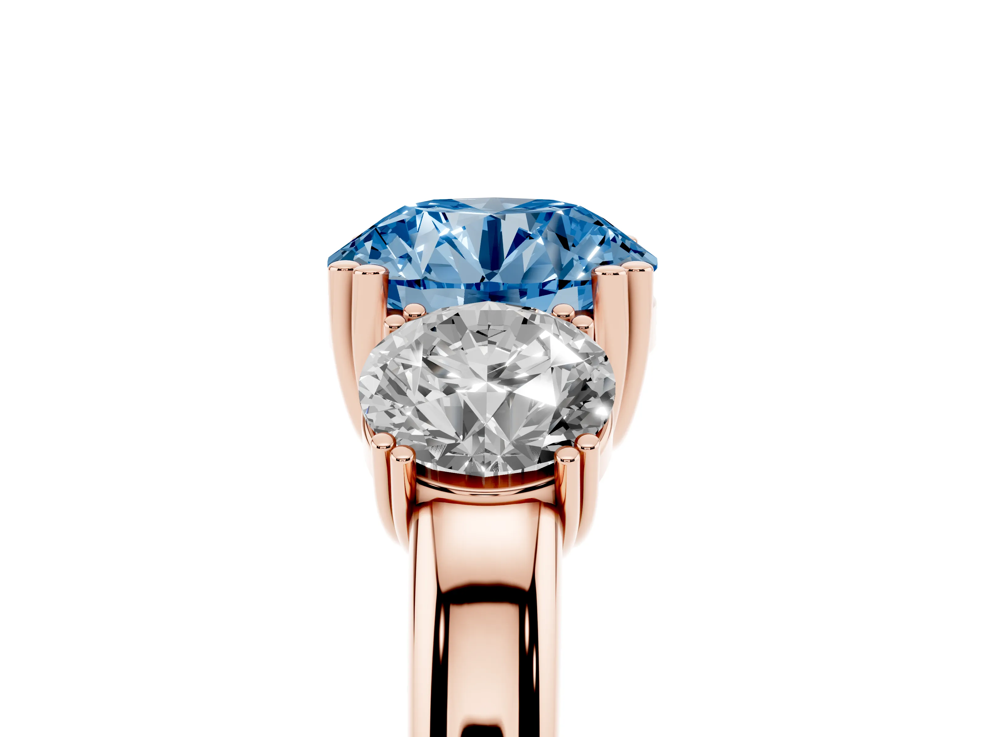 Fancy Blue Round Cut Diamond Three-Stone Ring Set in Rose gold with Polished Channel-Set Band