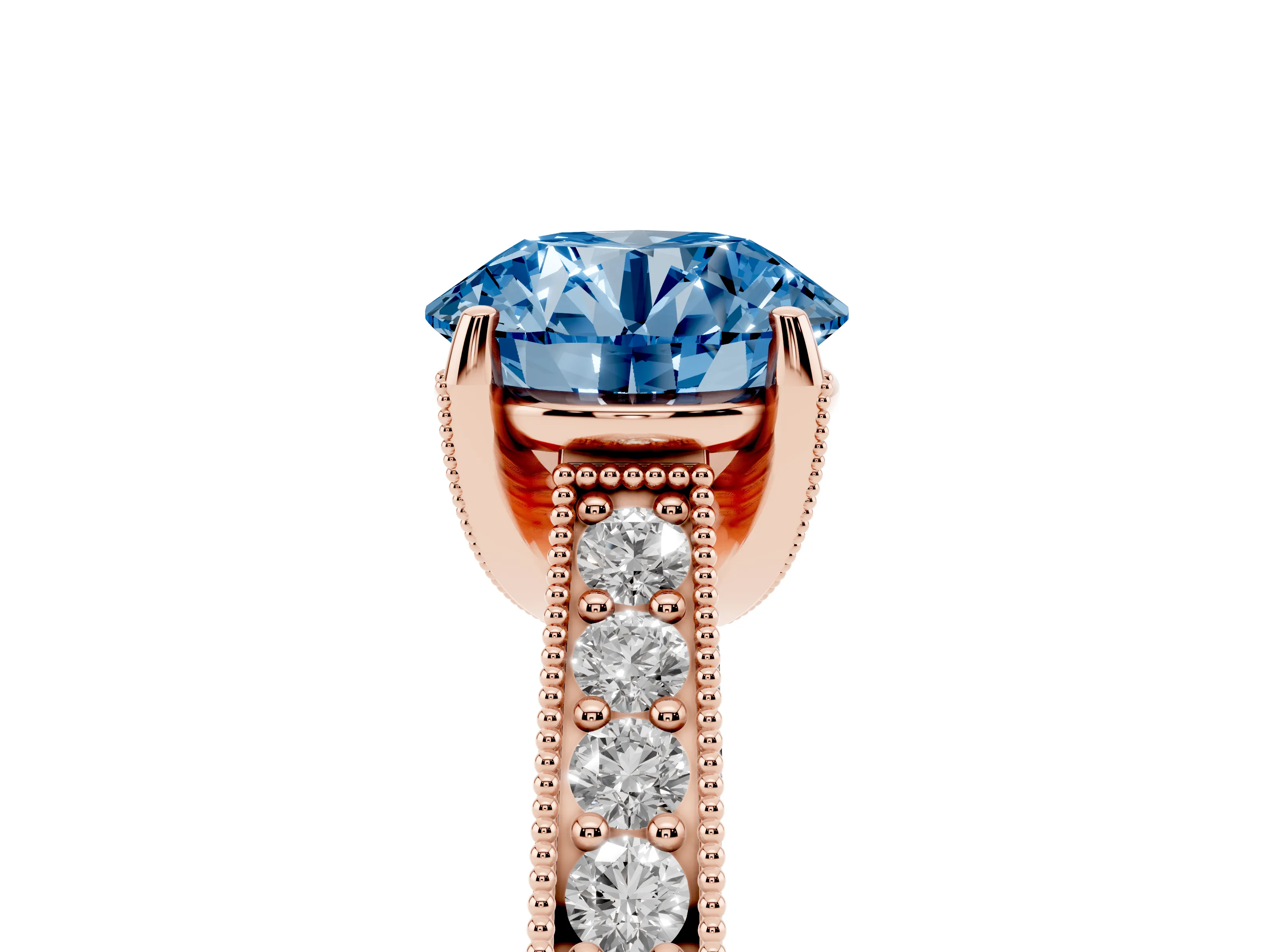 Fancy Blue Round Cut Diamond Solitaire Ring Set in Rose gold with Milgrain-Edged Pavé Band and Prong Setting