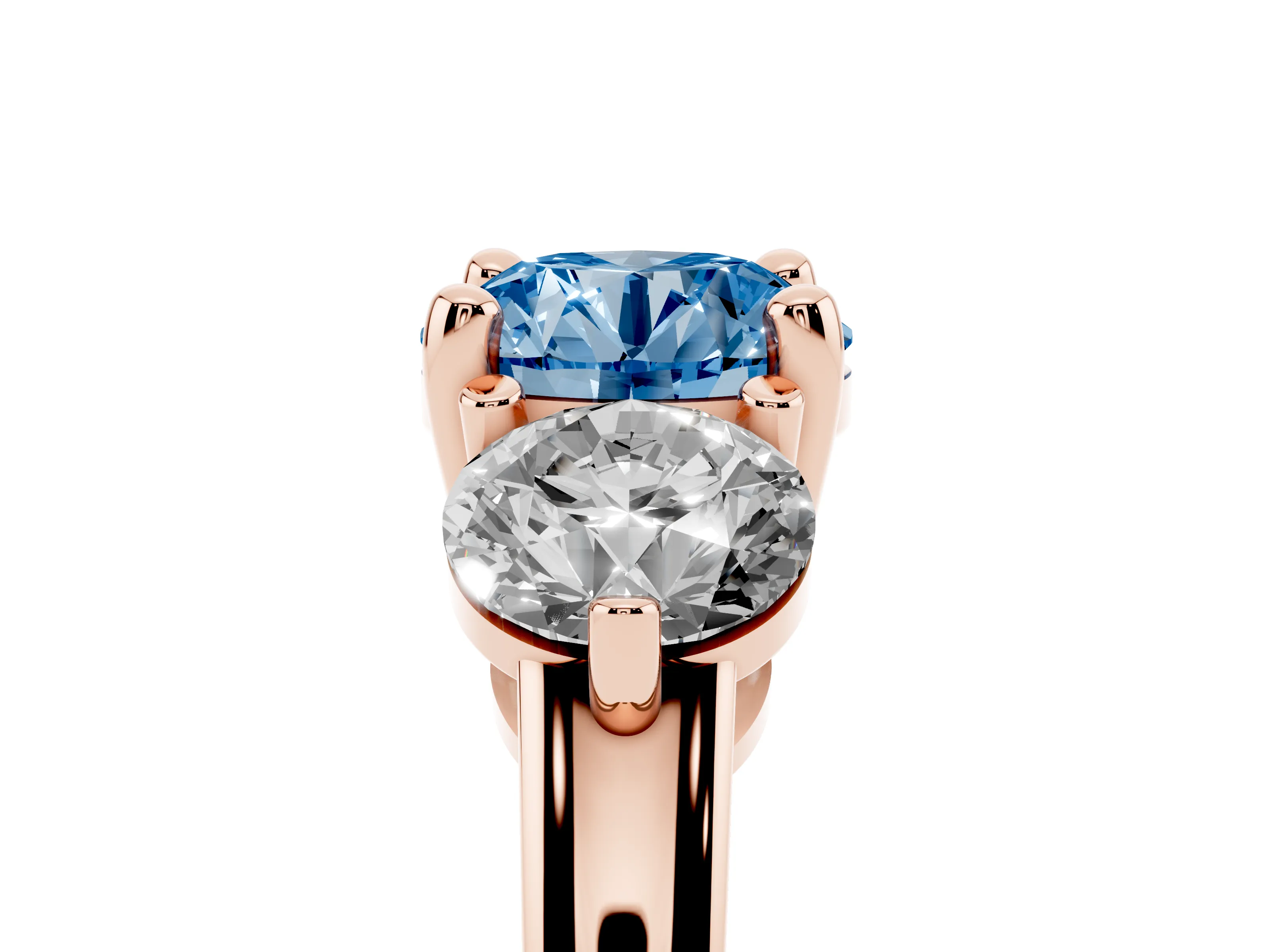 Fancy Blue Round Cut Diamond Three-Stone Ring Set in Rose gold with Prong Setting and Classic Band