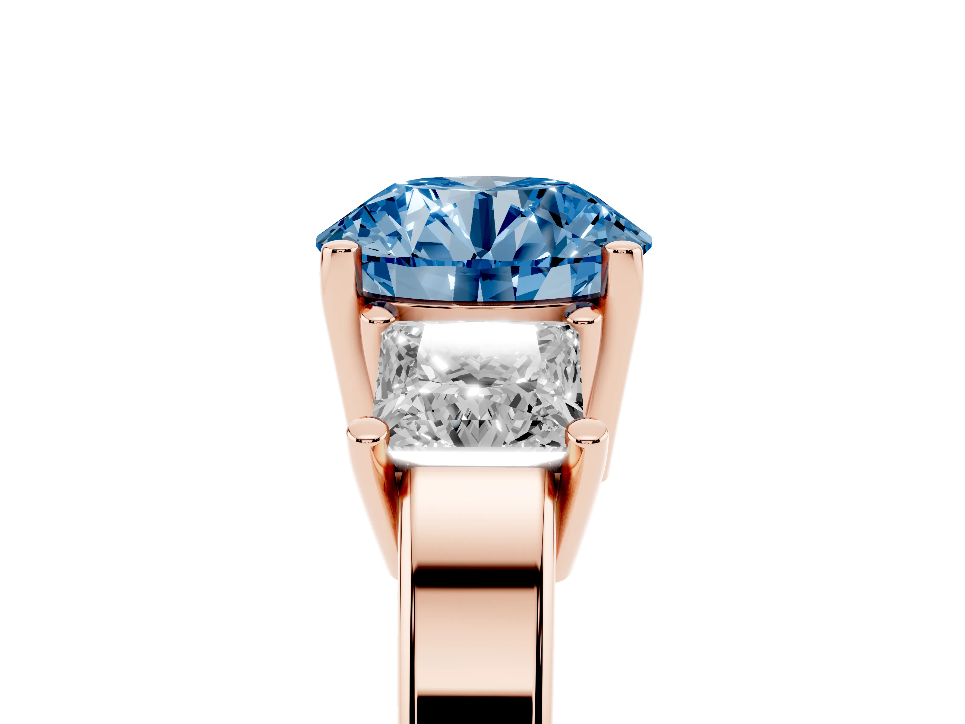 Fancy Blue Three-Stone Round Cut Diamond Solitaire Ring Set in Rose gold with Prong Setting