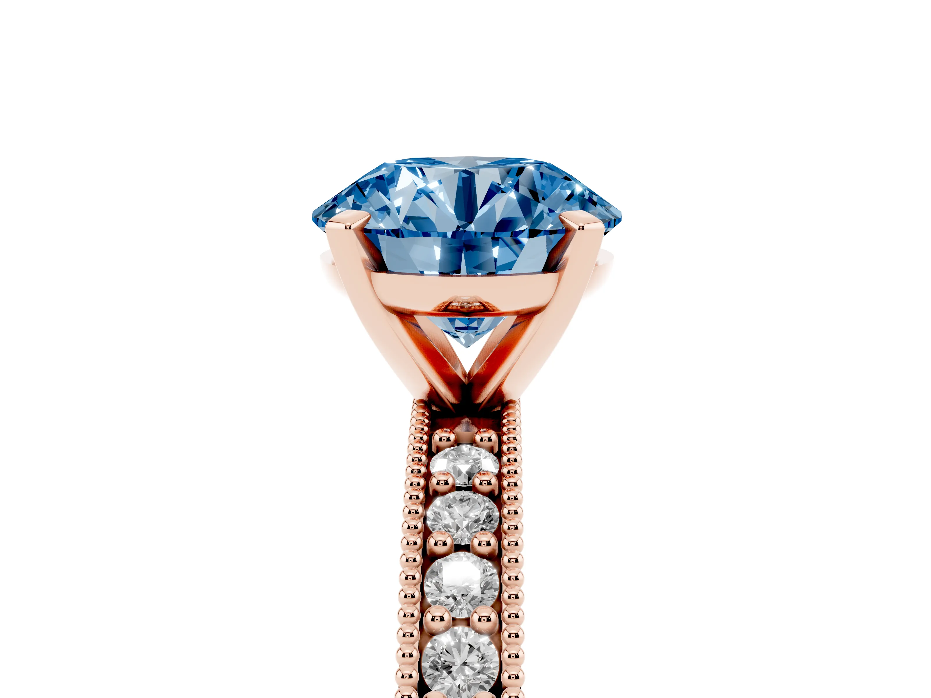 Fancy Blue Round Cut Diamond Milgrain Pavé Engagement Ring Set in Rose gold with Prong Setting