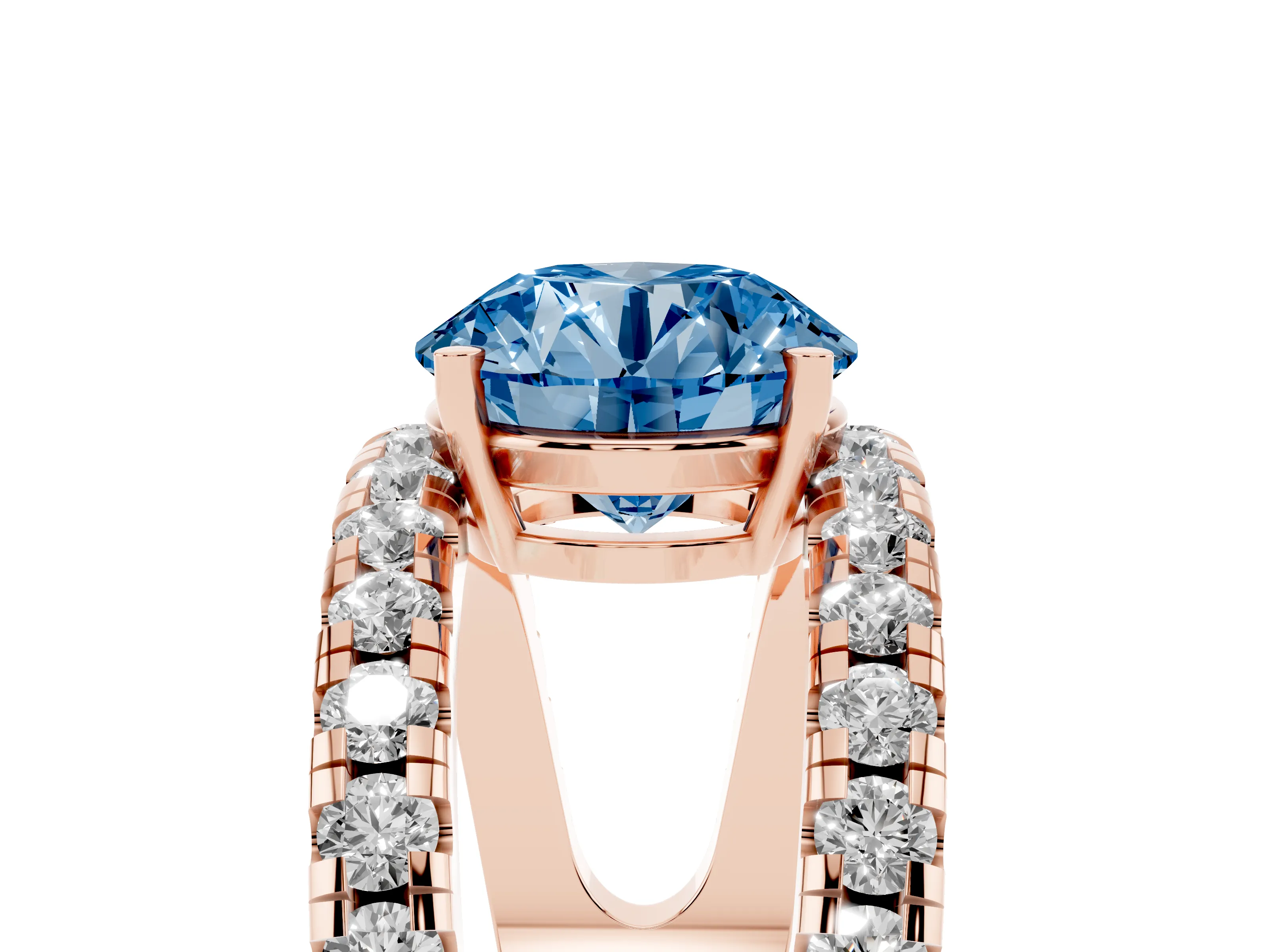 Fancy Blue Round Cut Diamond Split Shank Pavé Solitaire Ring Set in Rose gold with Open Shank Design