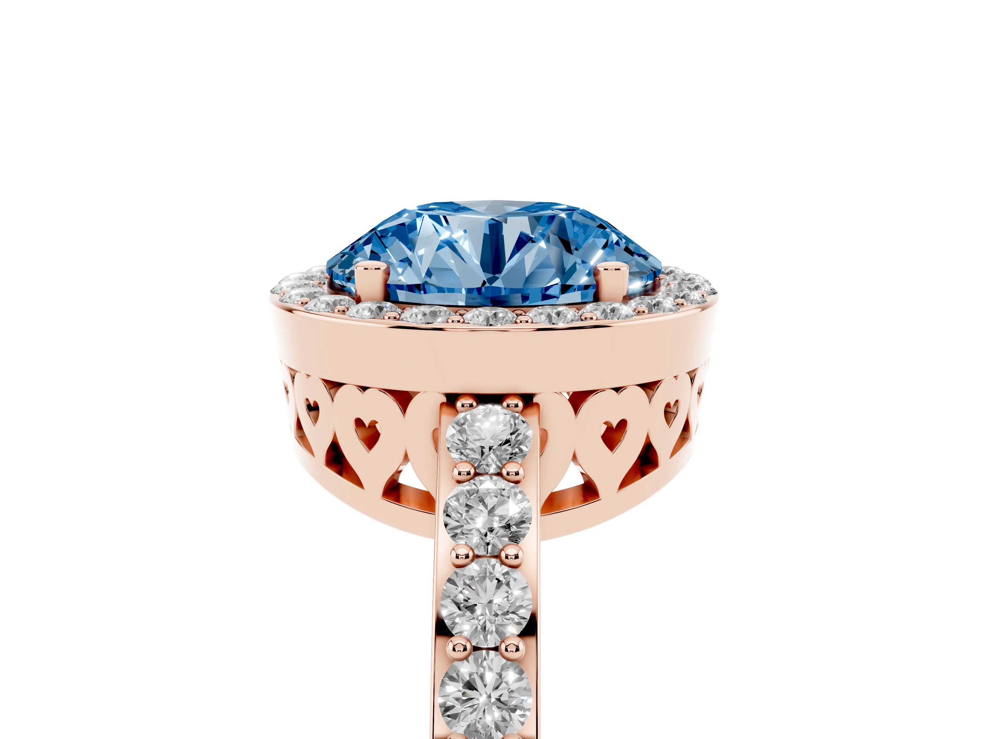Fancy Blue Round Cut Diamond Halo Ring Set in Rose gold with Pavé-Setting Band and Open Prong Center