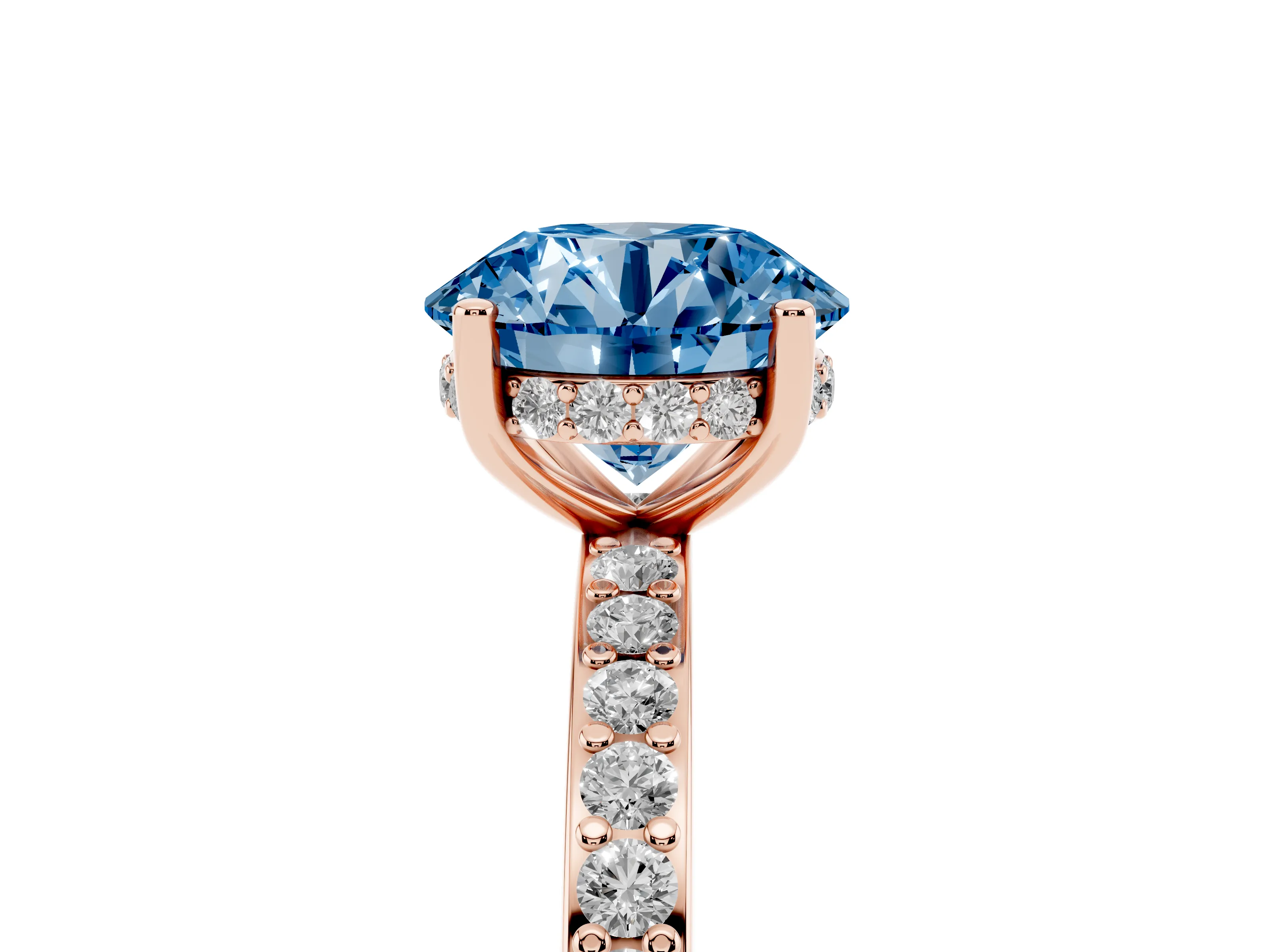 Fancy Blue Round Cut Diamond Pavé Band Ring Set in Rose gold with Prong-Set Center Stone