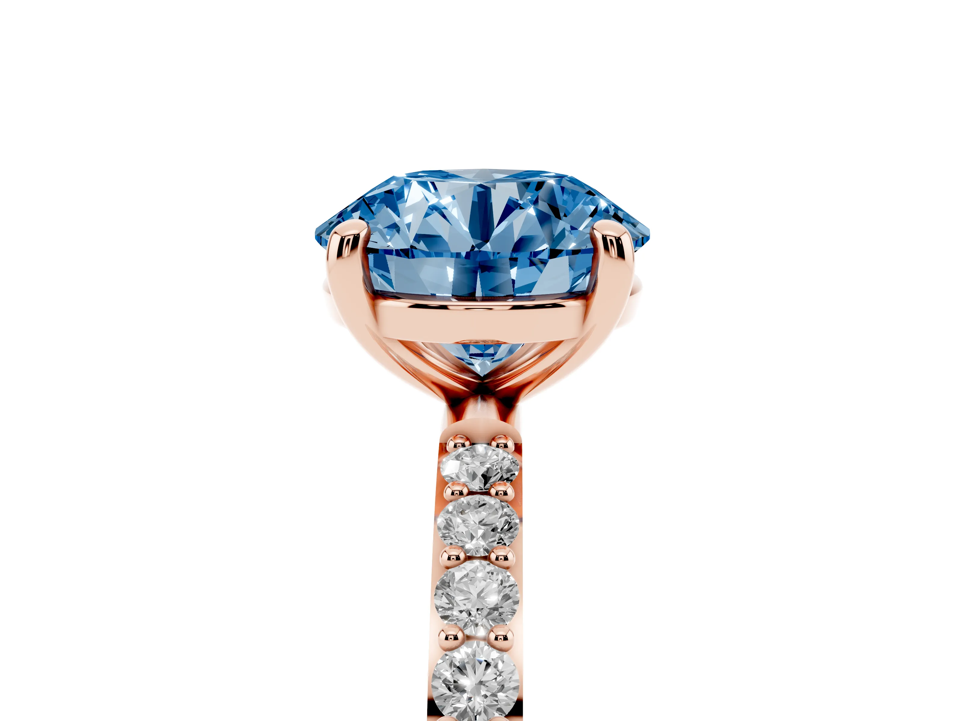 Fancy Blue Round Cut Diamond Solitaire Ring Set in Rose gold with Round Pavé Band and Prong Setting