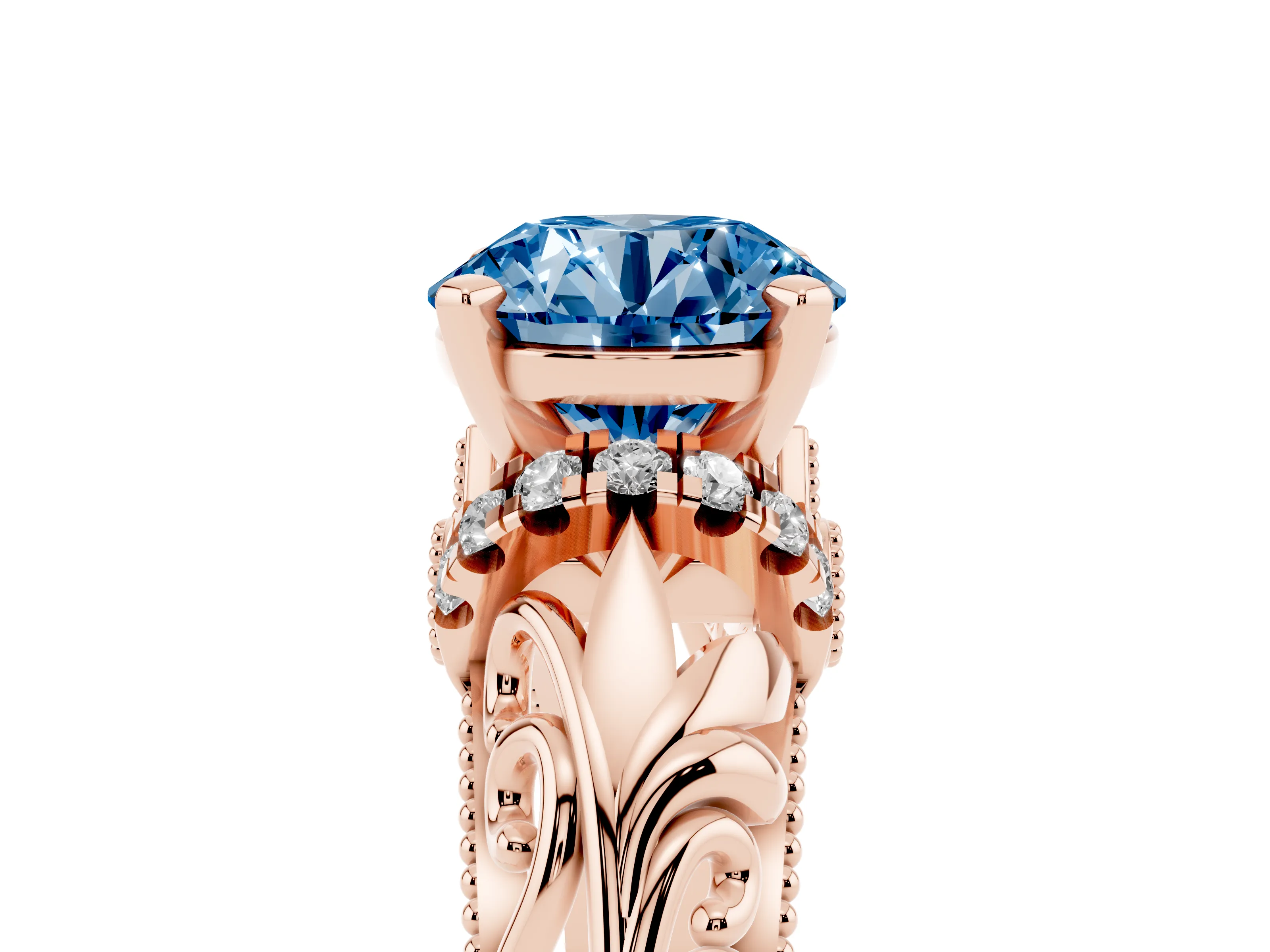 Fancy Blue Round Cut Diamond Filigree Halo Engagement Ring Set in Rose gold with Prong Setting